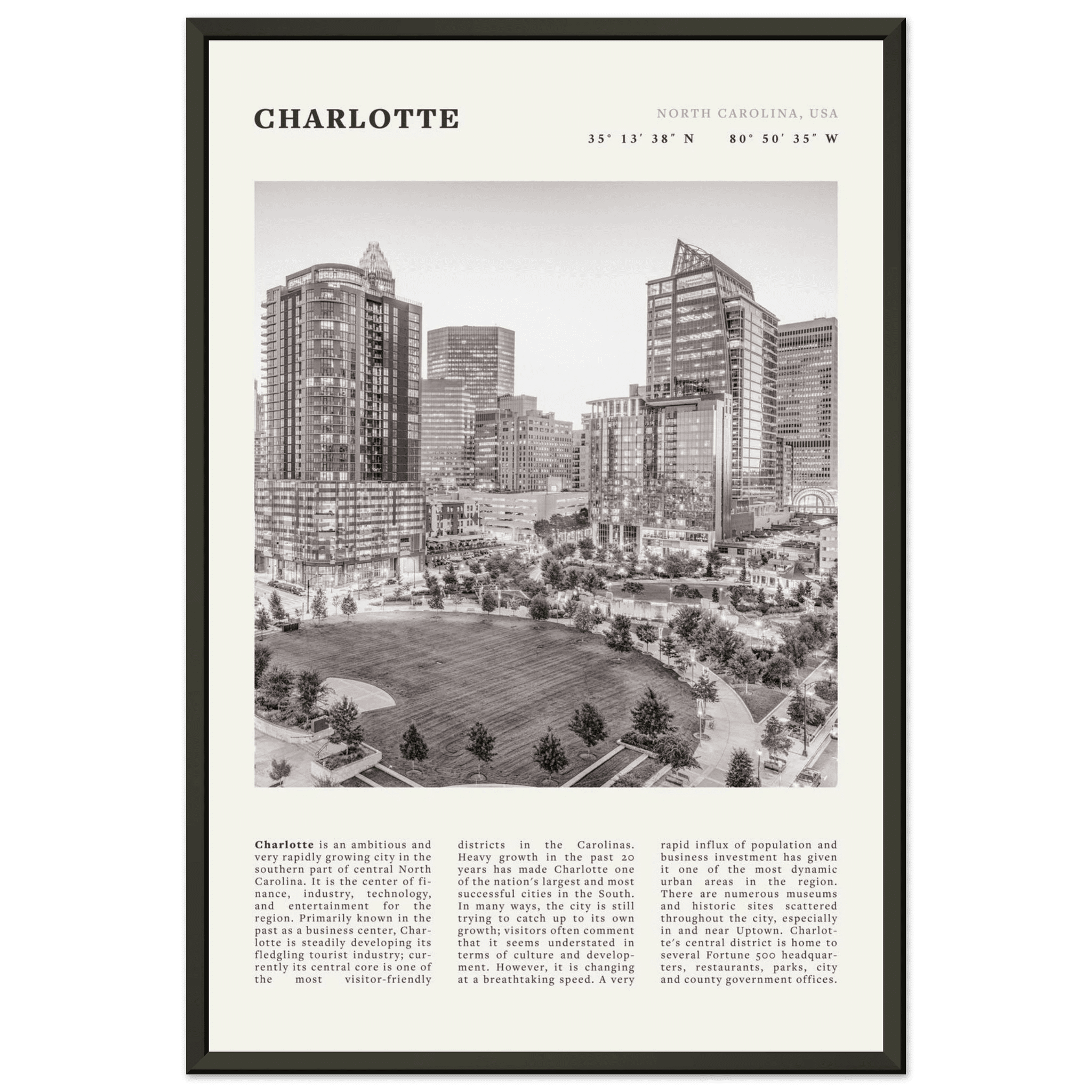 Charlotte Poster | Black & White North Carolina Skyline Wall Art | NC Travel Print - Evergreen Posters