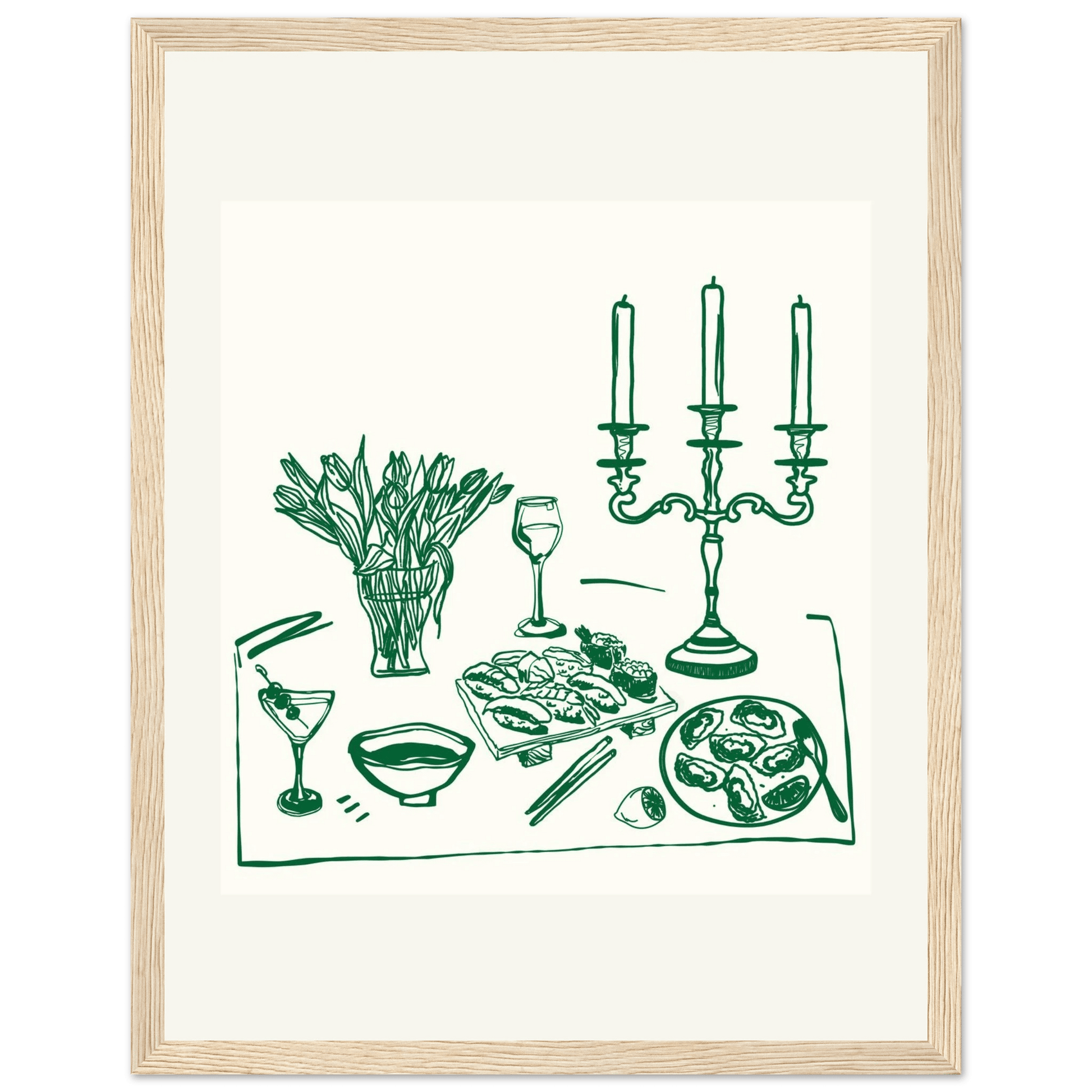 Fine Dining Table Print | Green Line Art Kitchen Wall Art | Elegant Dining Room Poster - Evergreen Posters