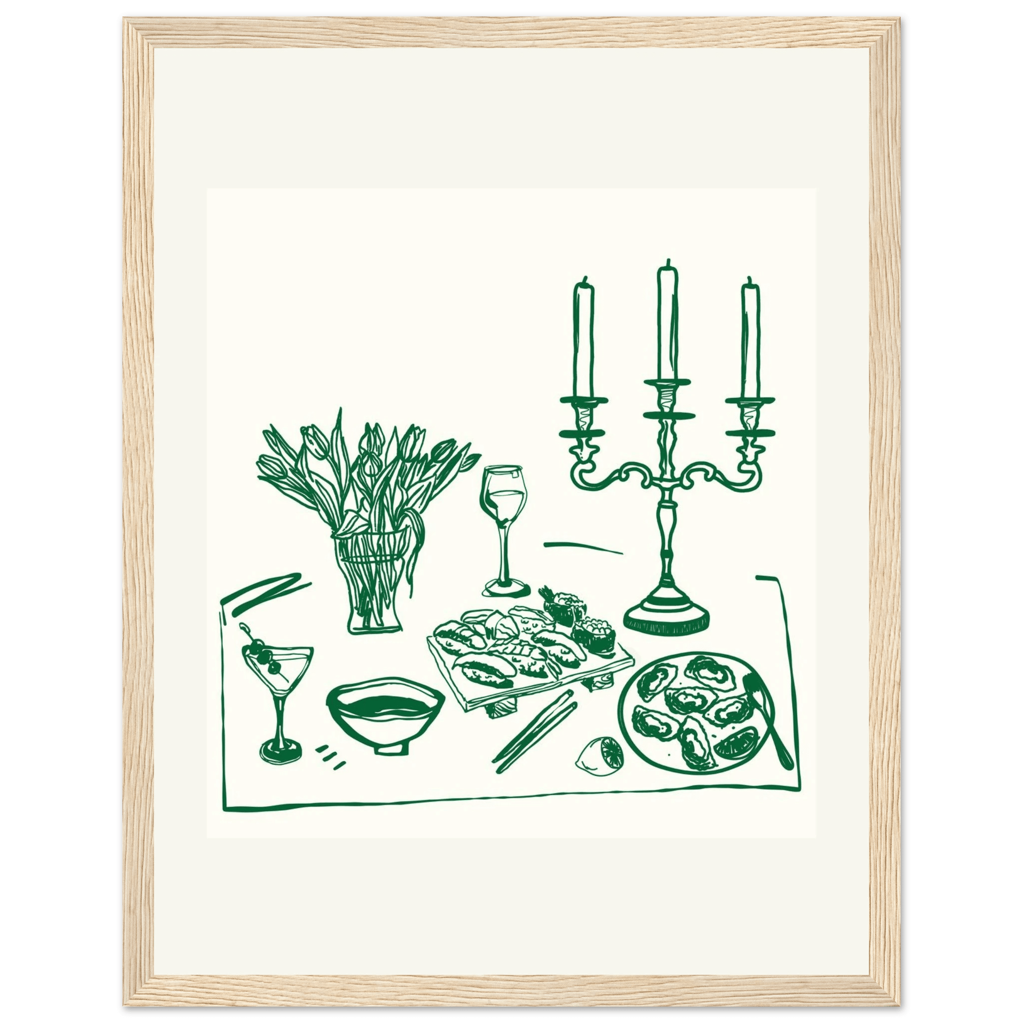 Fine Dining Table Print | Green Line Art Kitchen Wall Art | Elegant Dining Room Poster - Evergreen Posters