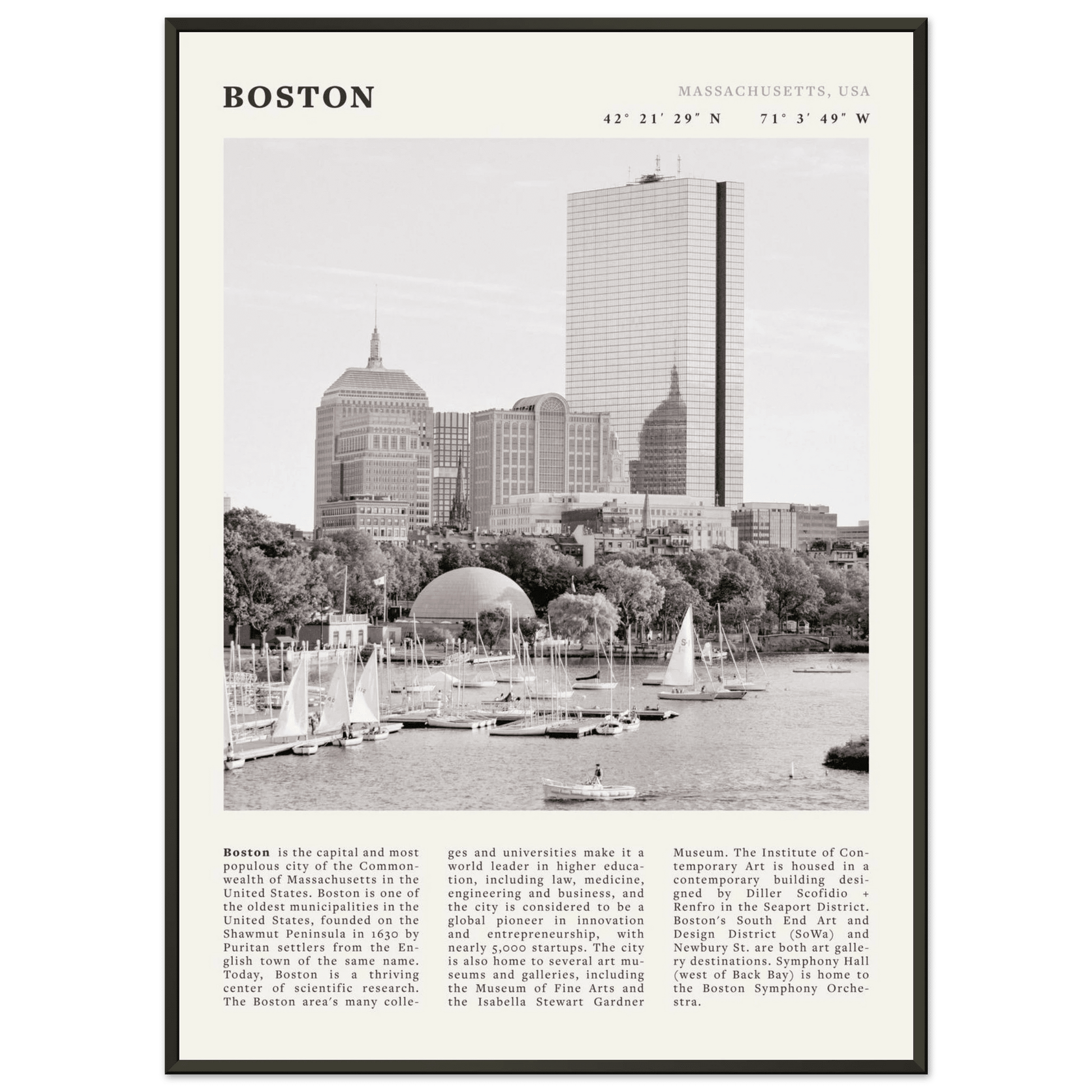 Boston Poster | Black & White Charles River Skyline Wall Art | Massachusetts Print - Evergreen Posters