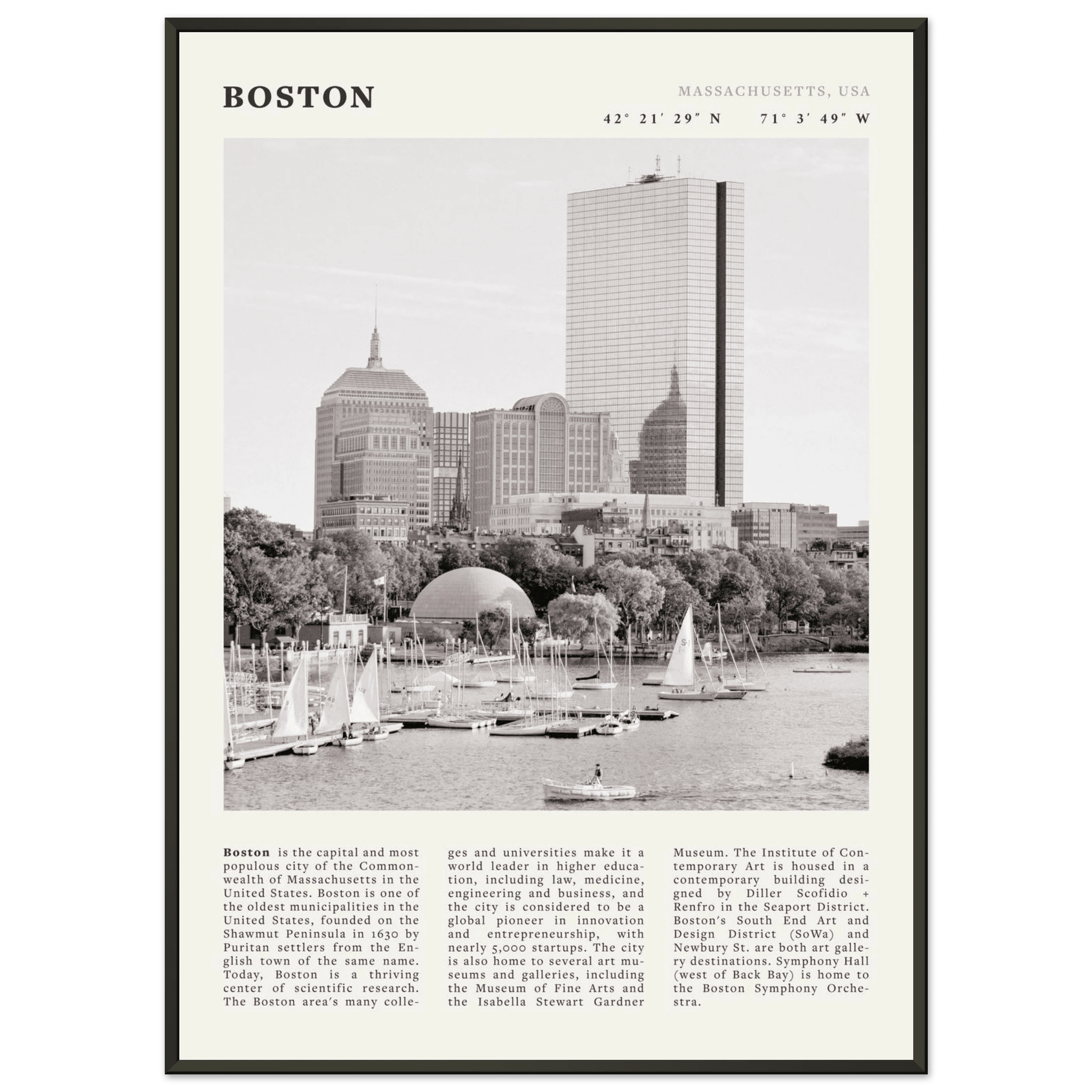 Boston Poster | Black & White Charles River Skyline Wall Art | Massachusetts Print - Evergreen Posters