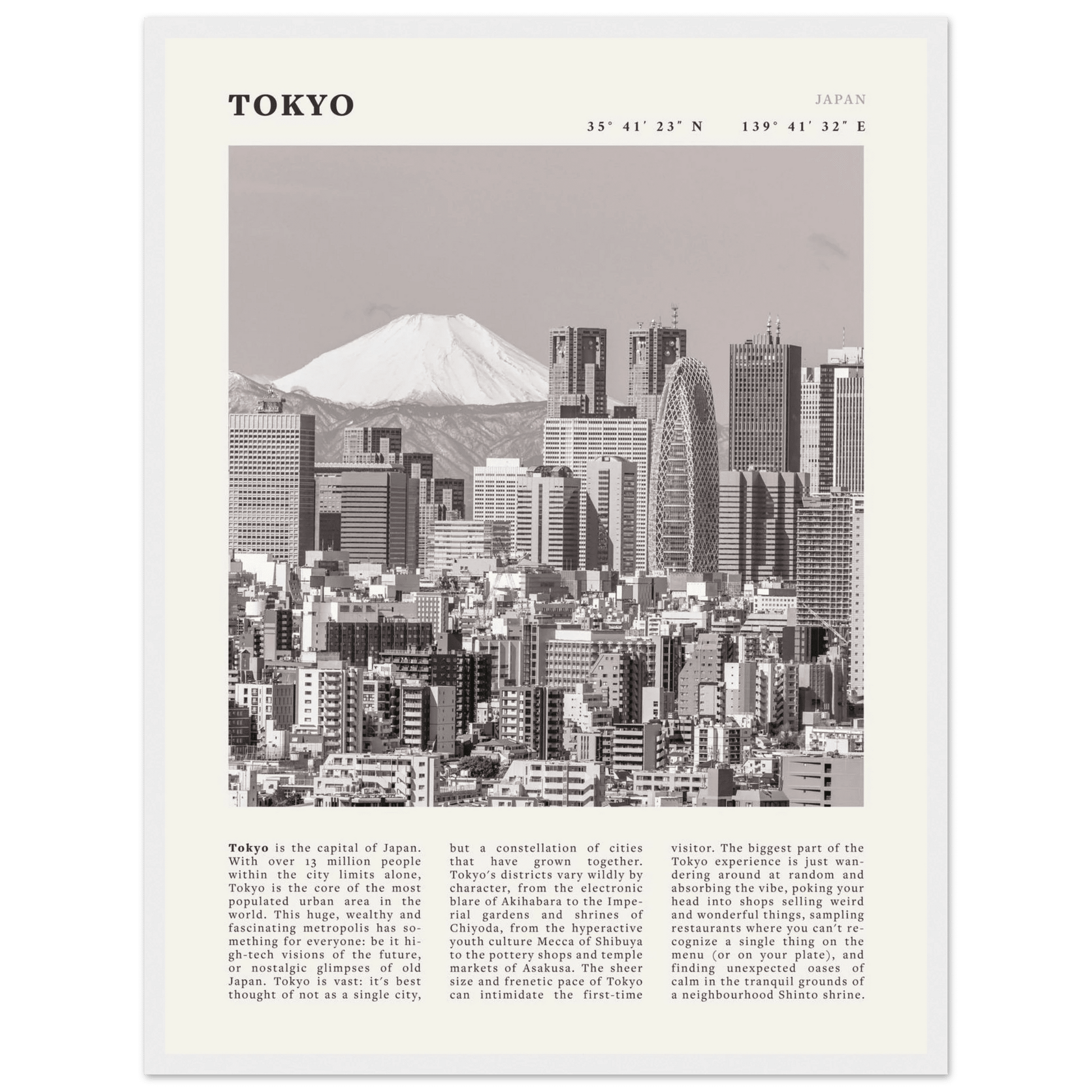 Tokyo Poster | Black & White Mount Fuji Skyline Wall Art | Japan Travel Print - Evergreen Posters