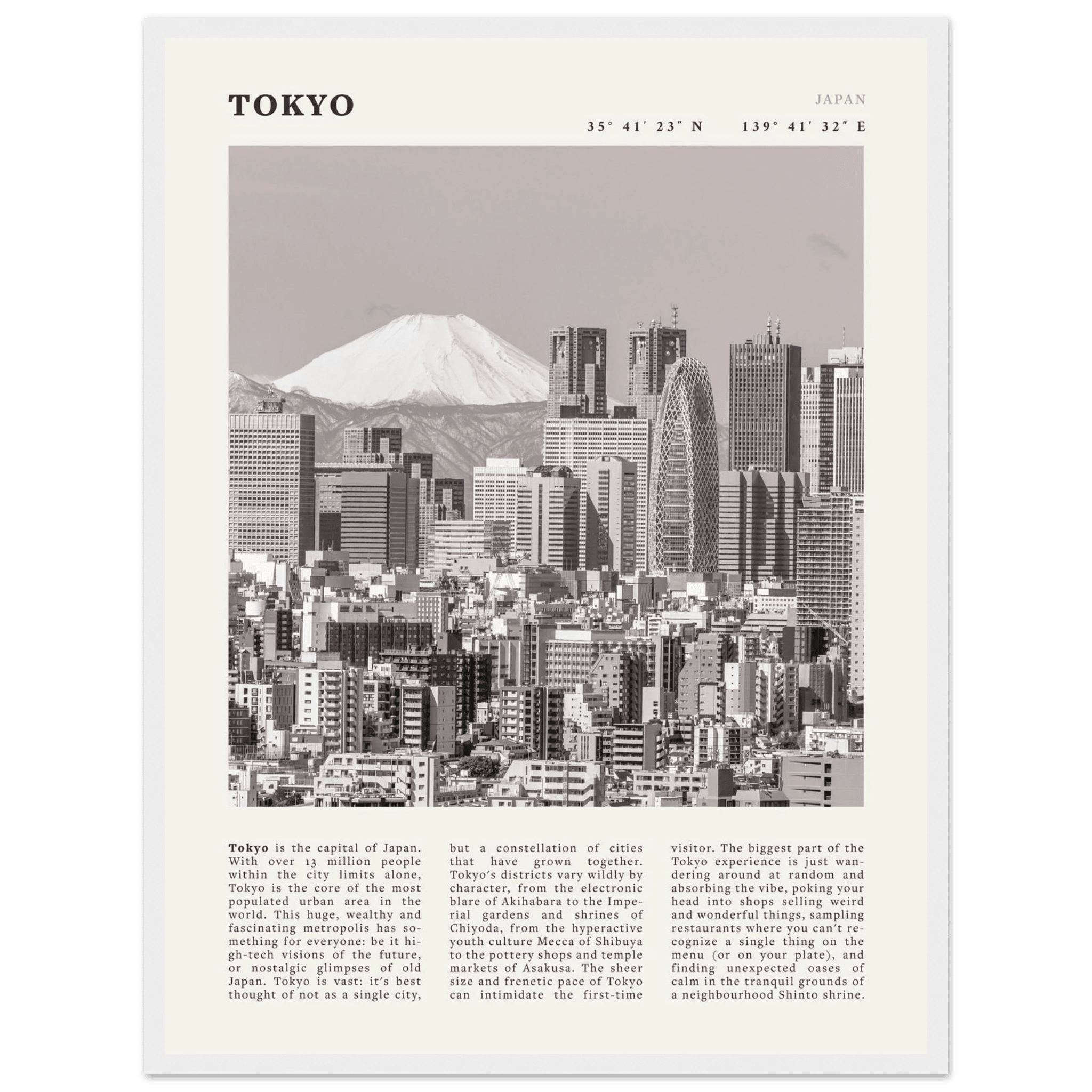 Tokyo Poster | Black & White Mount Fuji Skyline Wall Art | Japan Travel Print - Evergreen Posters