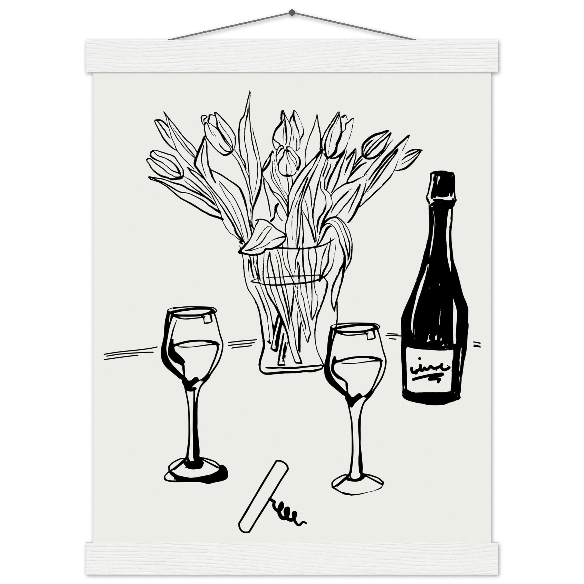Wine & Tulips Print | Black Line Art Wine Bottle Wall Art | Minimalist Kitchen Poster - Evergreen Posters