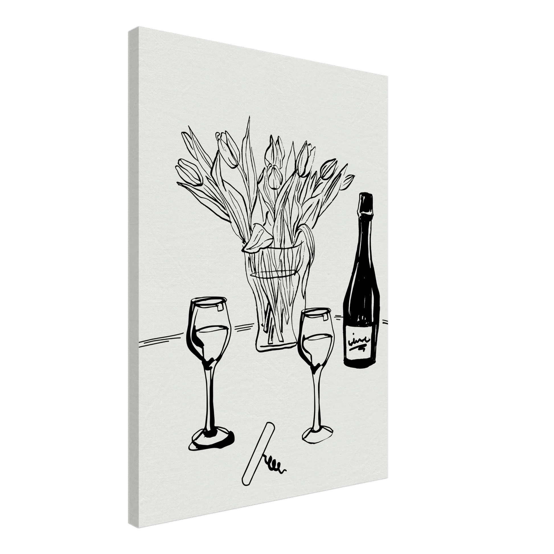 Wine & Tulips Print | Black Line Art Wine Bottle Wall Art | Minimalist Kitchen Poster - Evergreen Posters