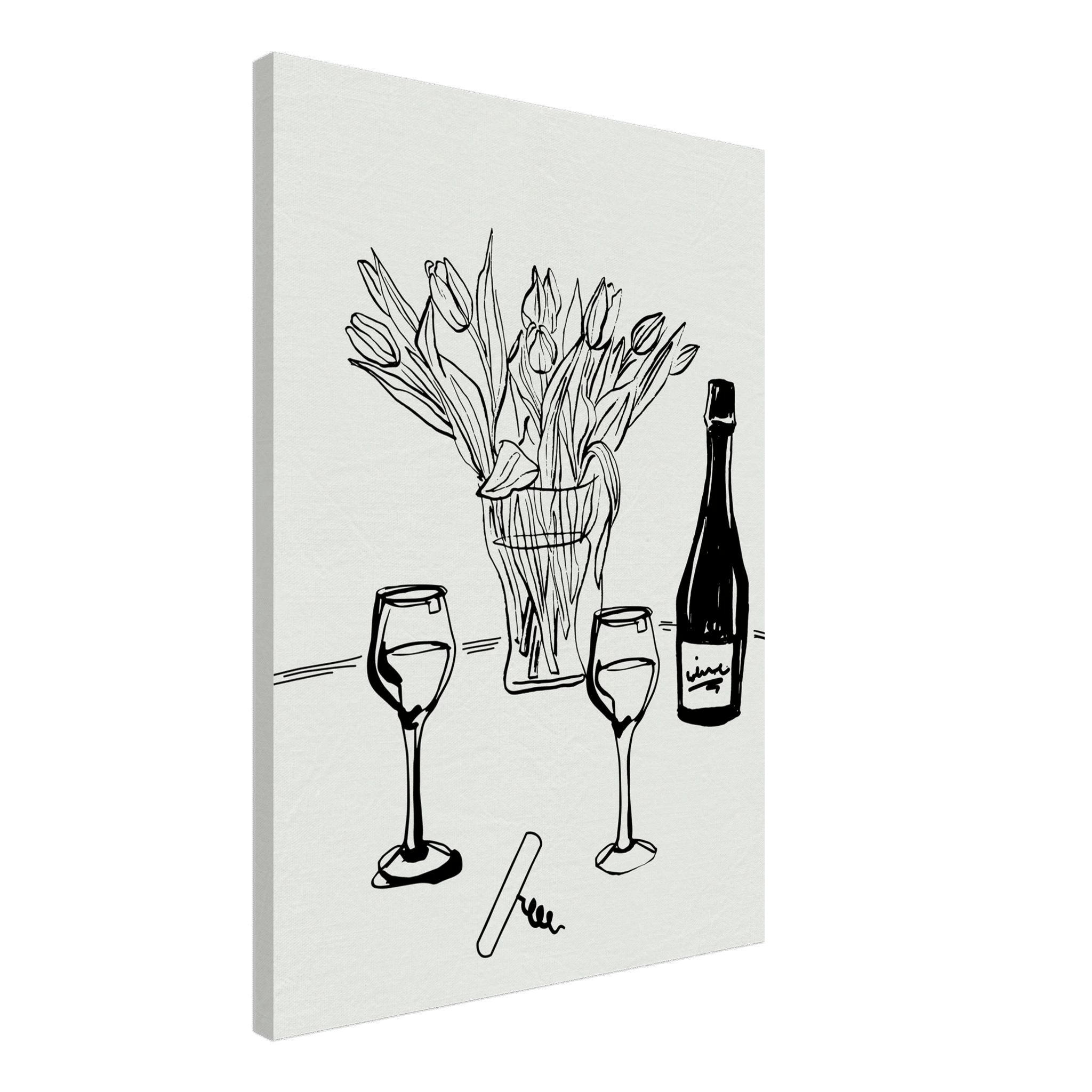 Wine & Tulips Print | Black Line Art Wine Bottle Wall Art | Minimalist Kitchen Poster - Evergreen Posters