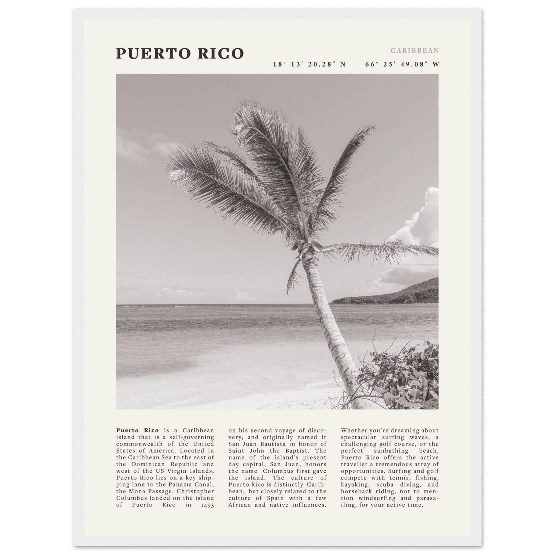 Puerto Rico Poster Black and White – Vintage Caribbean Palm Beach Print (Digital & Printed Options) - Evergreen Posters