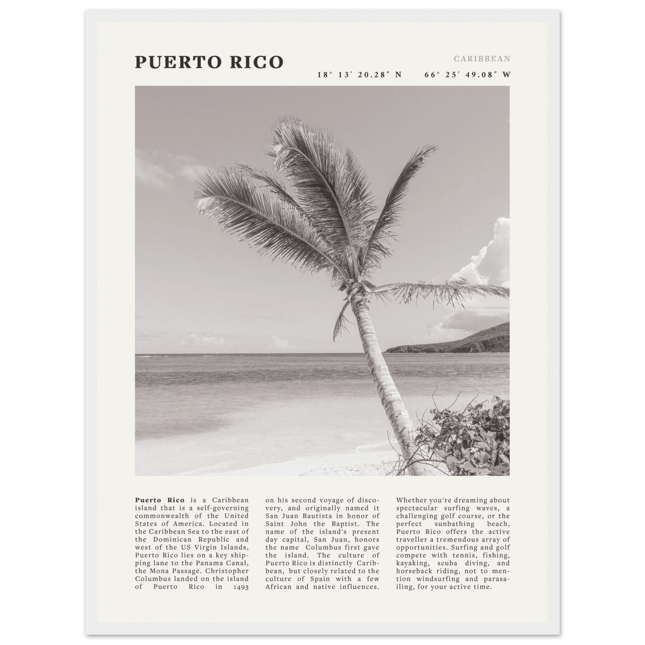 Puerto Rico Poster Black and White – Vintage Caribbean Palm Beach Print (Digital & Printed Options) - Evergreen Posters