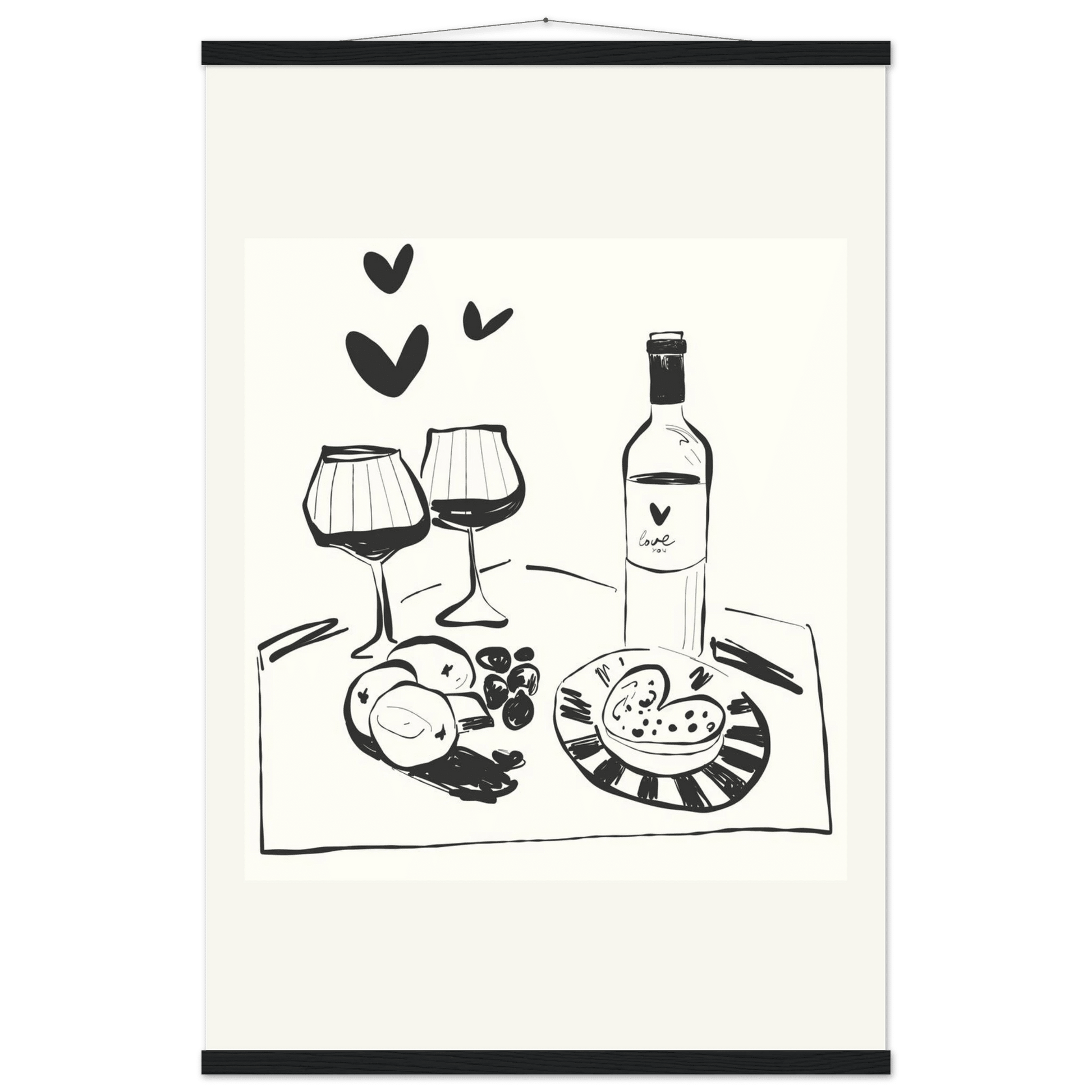 Wine for Two Print | Black Line Art Romantic Kitchen Wall Art | Couples Poster - Evergreen Posters