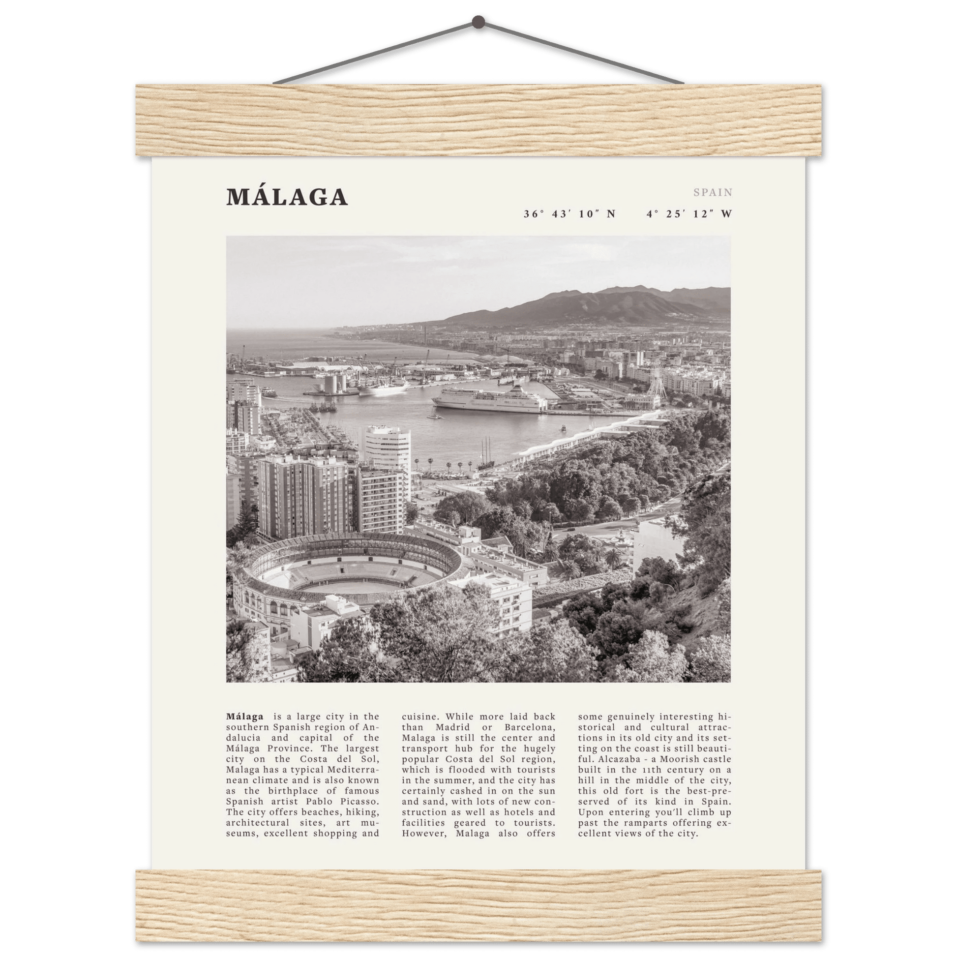 Málaga Poster | Black & White Costa del Sol Wall Art | Spain Travel Print - Evergreen Posters