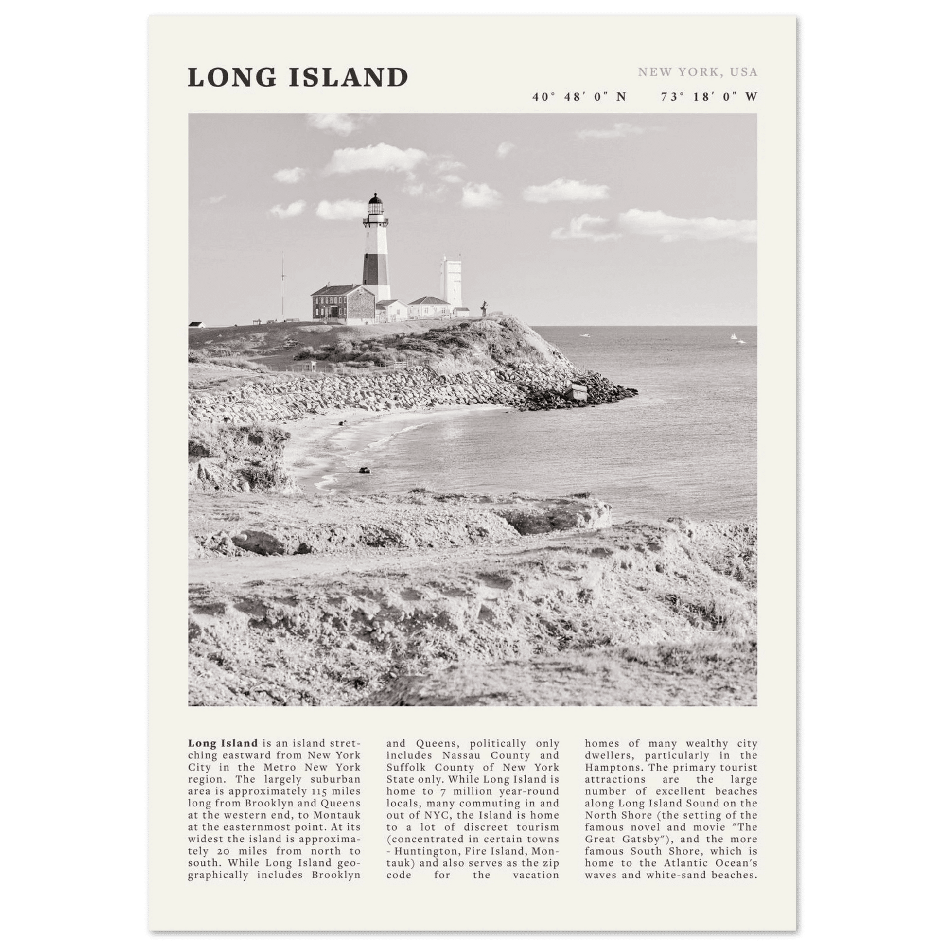 Long Island Poster | Black & White Montauk Lighthouse Wall Art | New York Print - Evergreen Posters