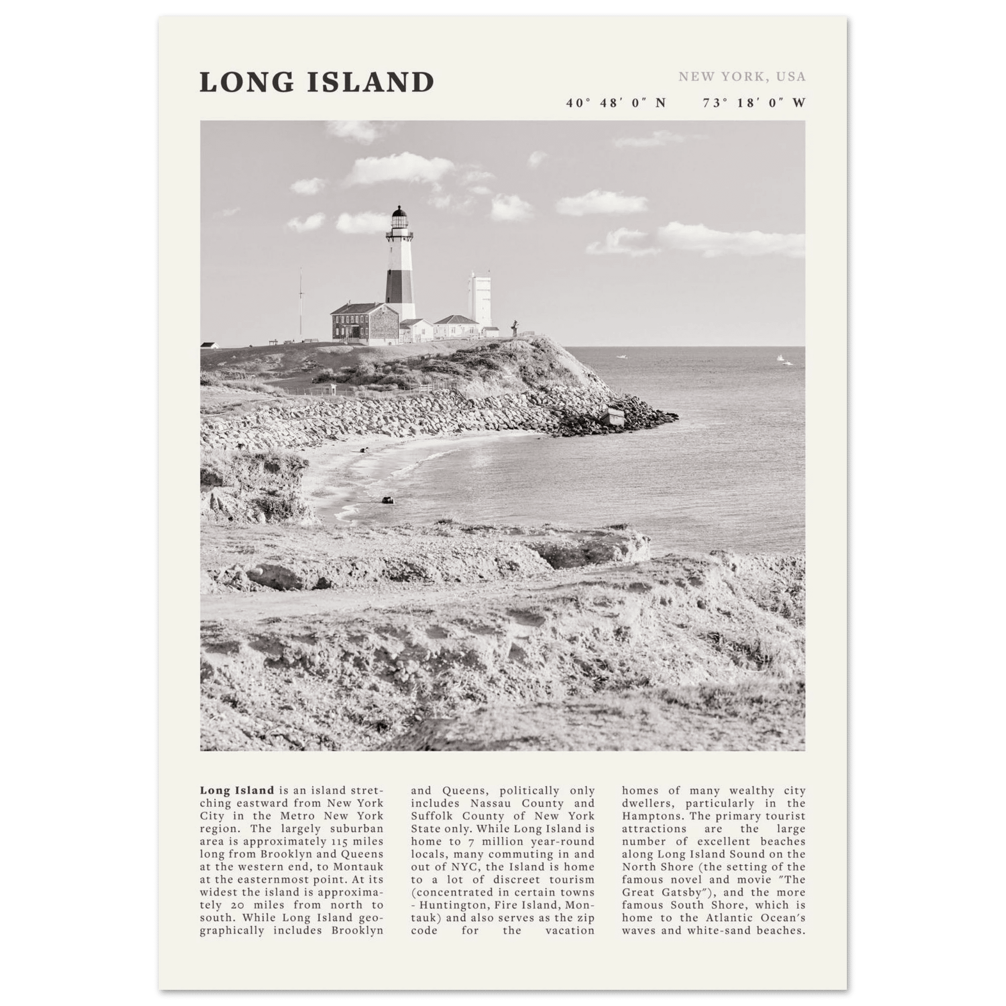 Long Island Poster | Black & White Montauk Lighthouse Wall Art | New York Print - Evergreen Posters