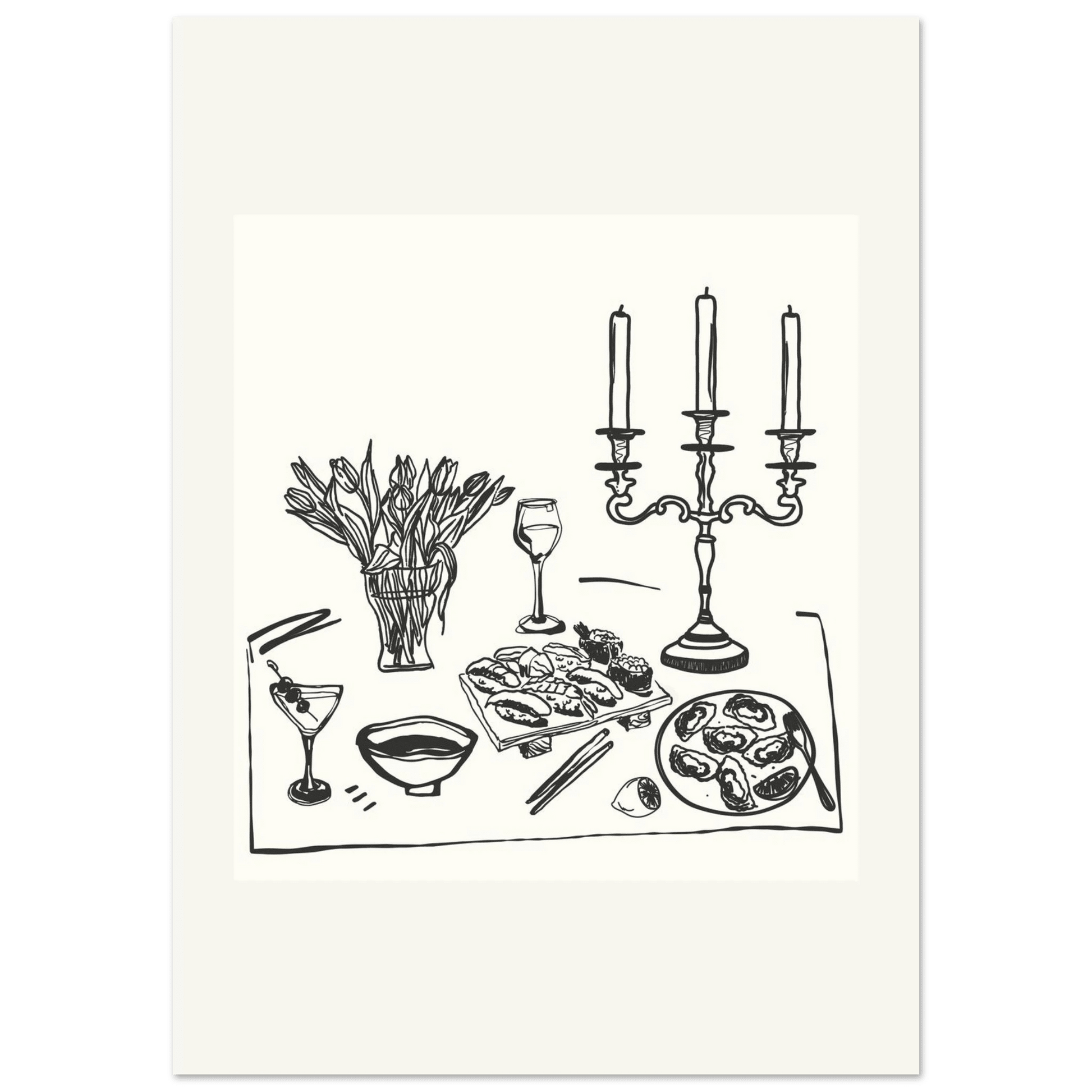 Fine Dining Table Print | Black Line Art Kitchen Wall Art | Elegant Dining Room Poster - Evergreen Posters