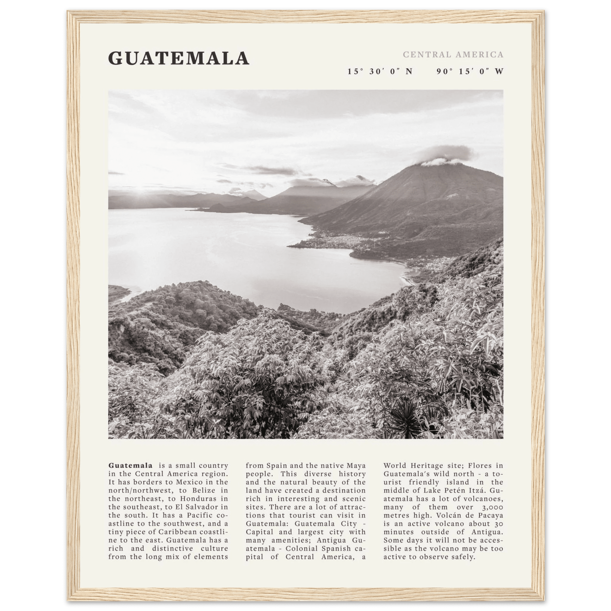 Guatemala Poster | Black & White Lake Atitlan Wall Art | Central America Travel Print - Evergreen Posters