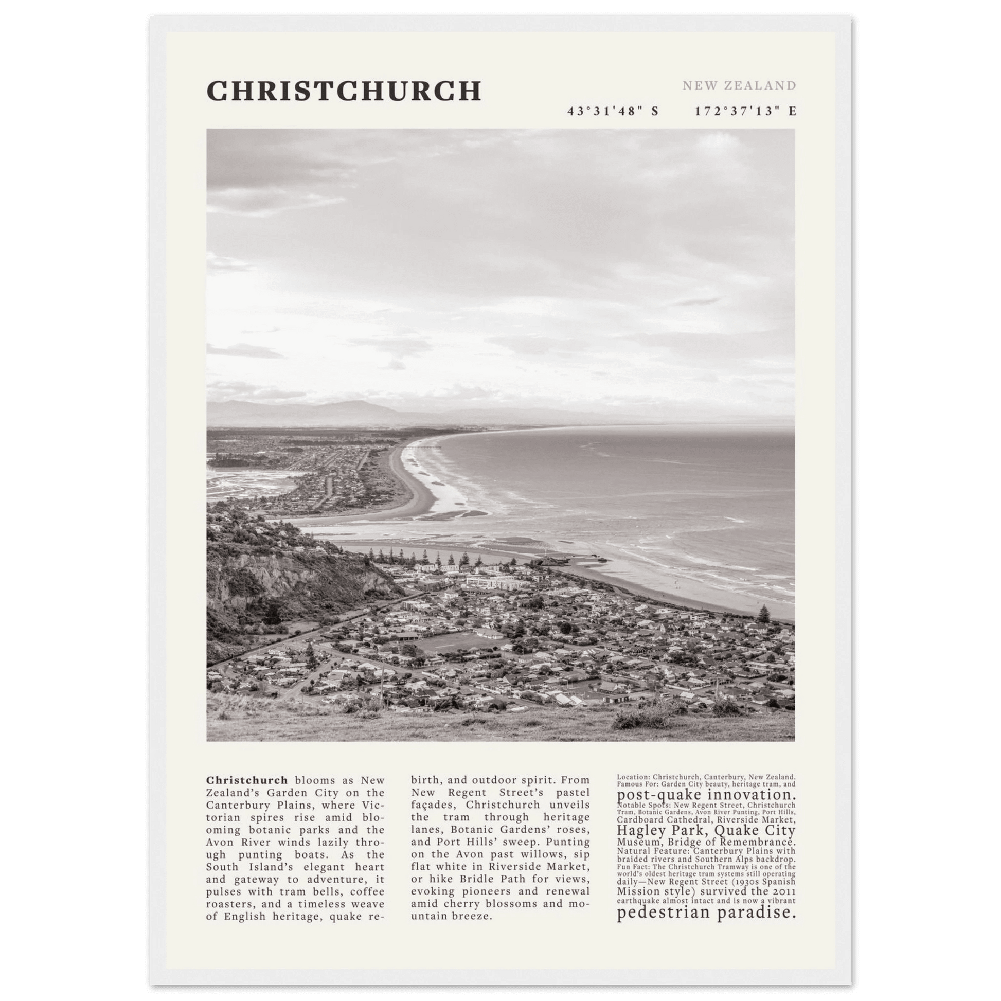 Christchurch New Zealand Poster Black and White – Vintage Garden City Panorama Print - Evergreen Posters
