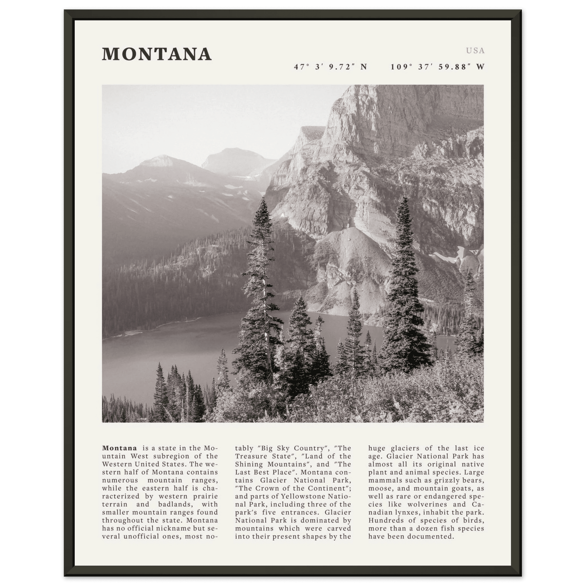 Montana Poster | Black & White Glacier National Park Wall Art | Nature Travel Print - Evergreen Posters