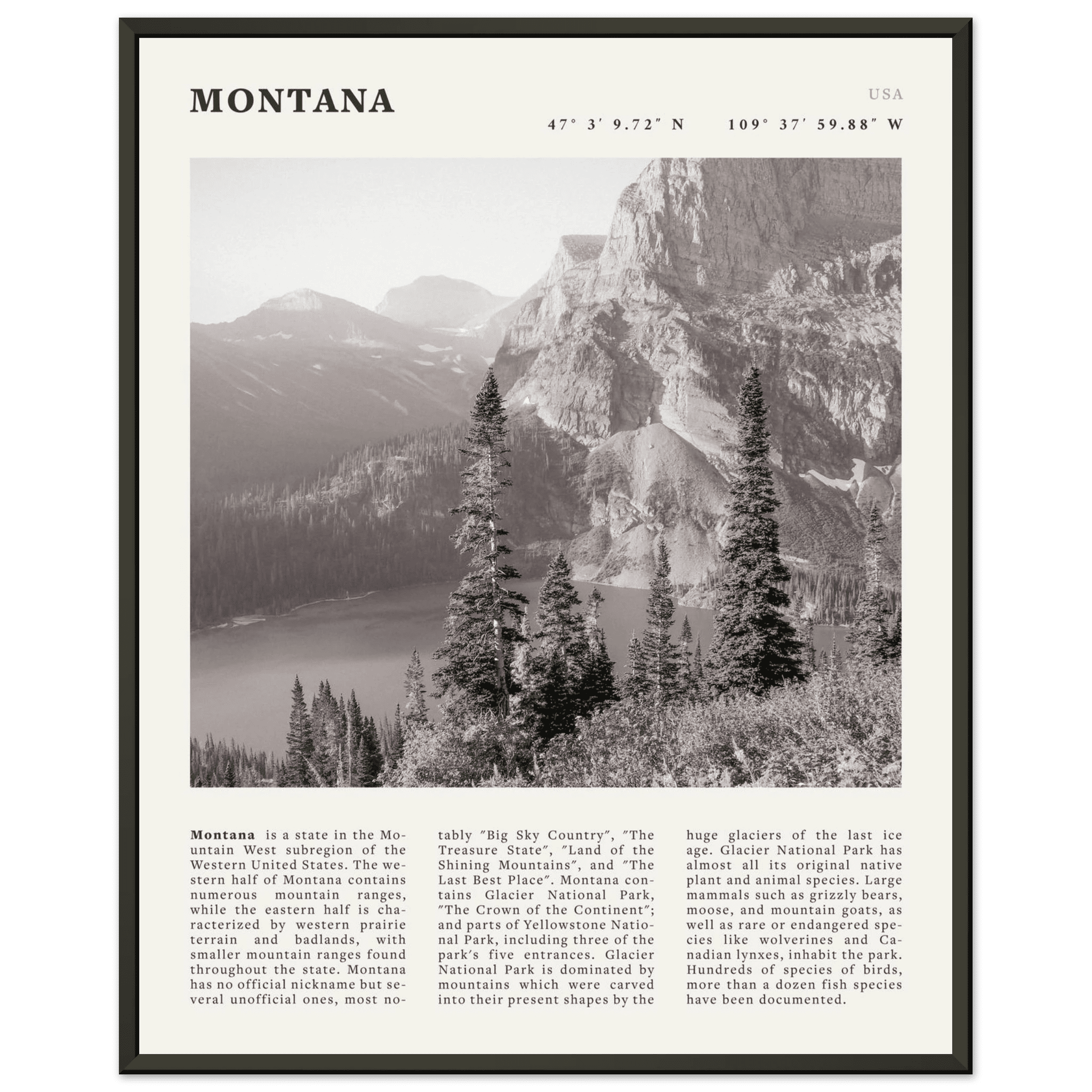 Montana Poster | Black & White Glacier National Park Wall Art | Nature Travel Print - Evergreen Posters