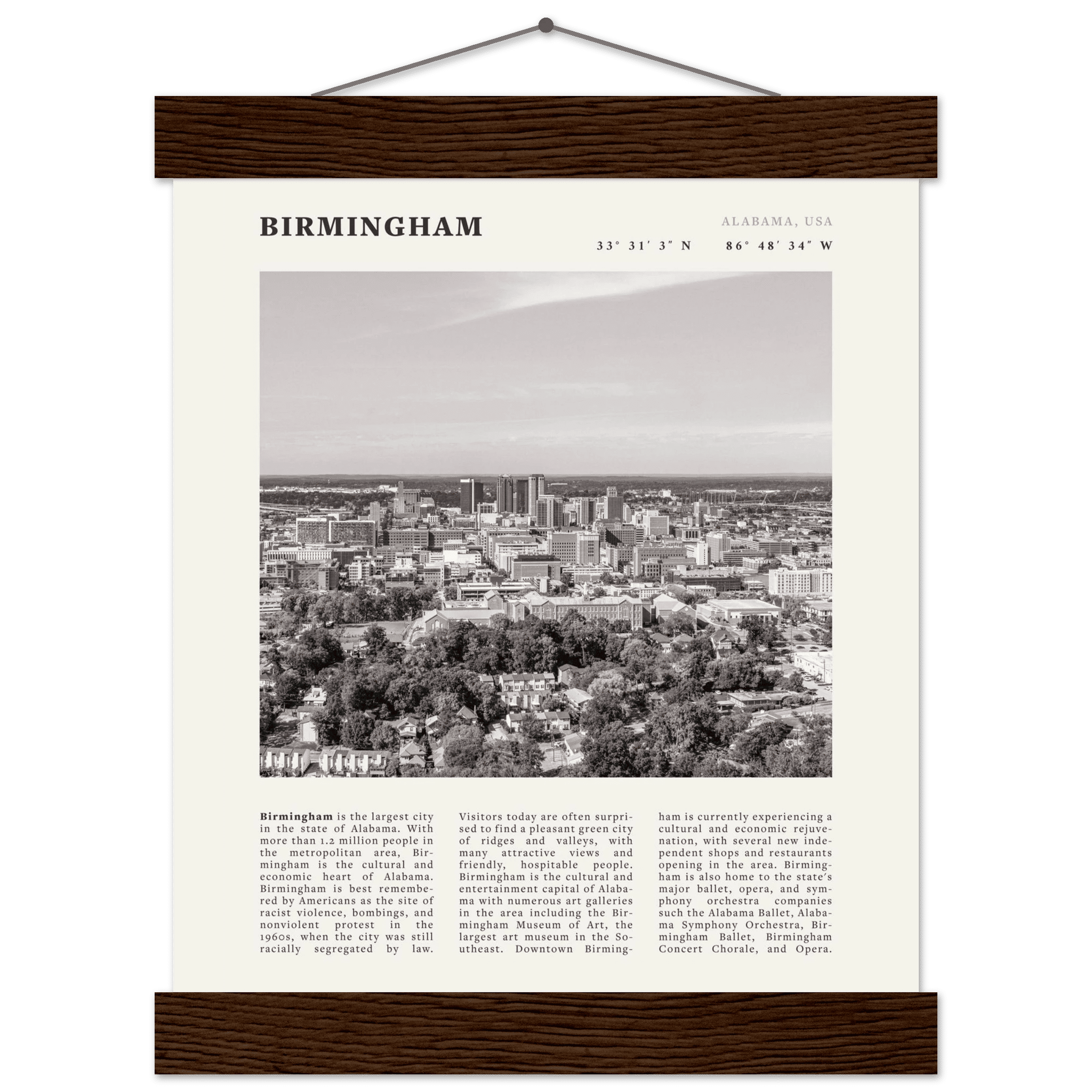 Birmingham Poster | Black & White Alabama Skyline Wall Art | AL Travel Print - Evergreen Posters