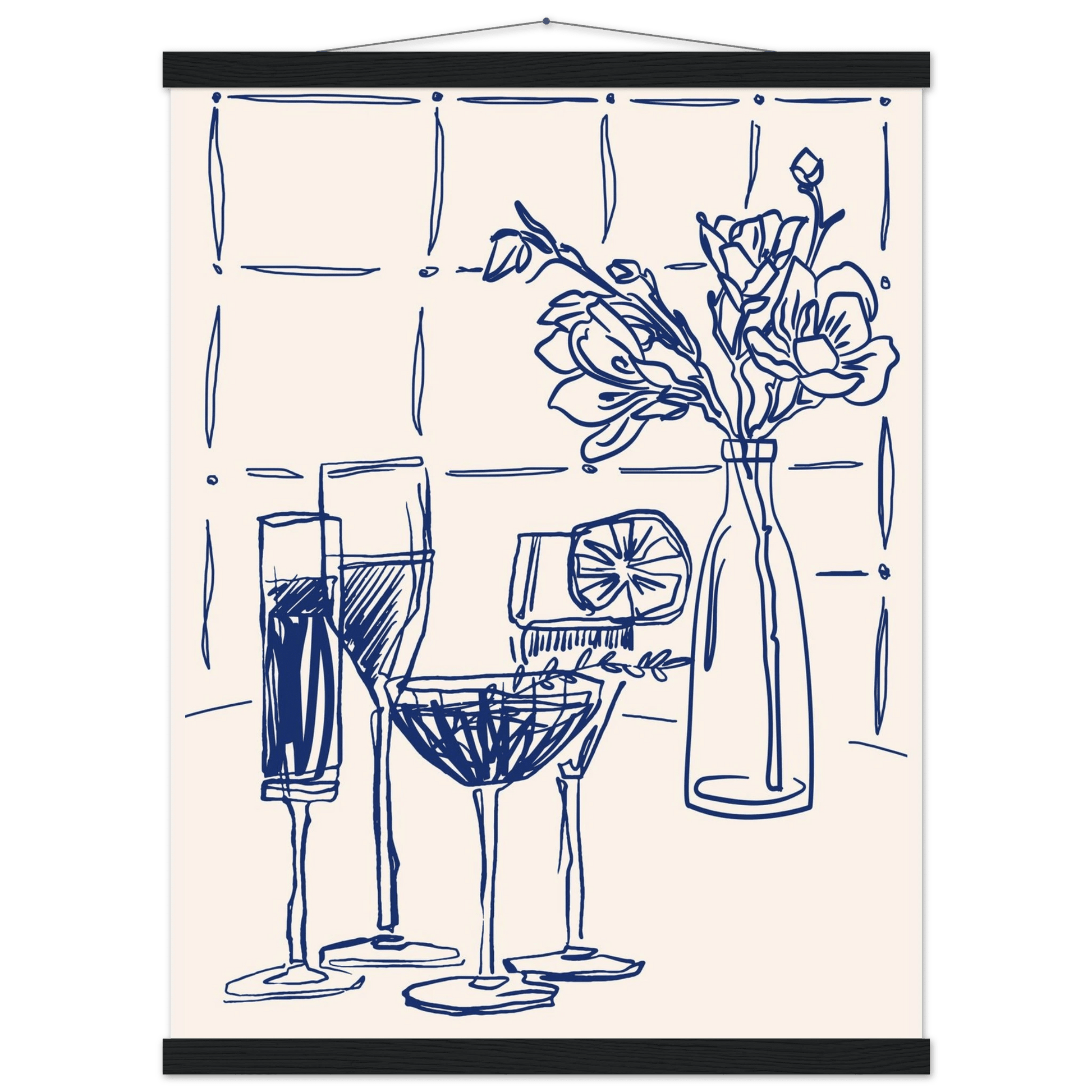 Cocktails & Flowers Print | Navy Blue Line Art Drinks Wall Art | Kitchen Bar Poster - Evergreen Posters