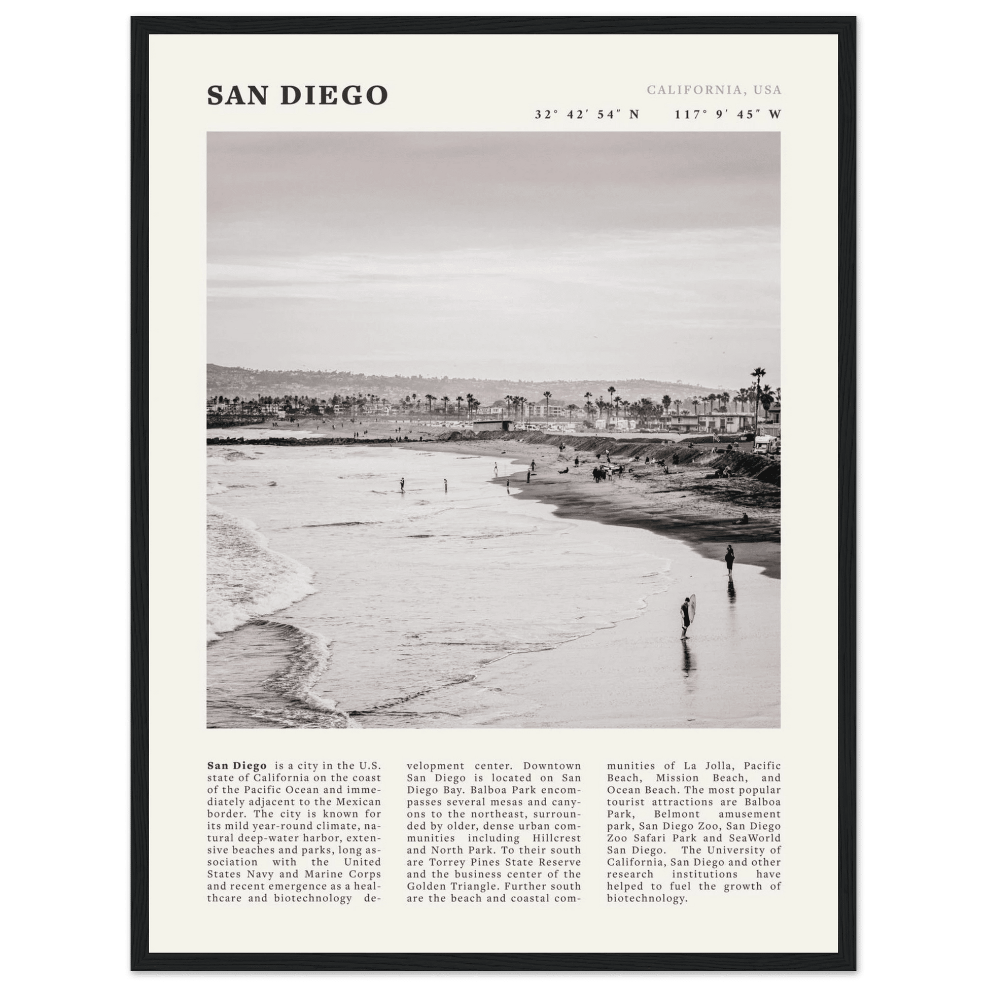 San Diego Poster | Black & White California Beach Wall Art | Coastal Travel Print Decor - Evergreen Posters