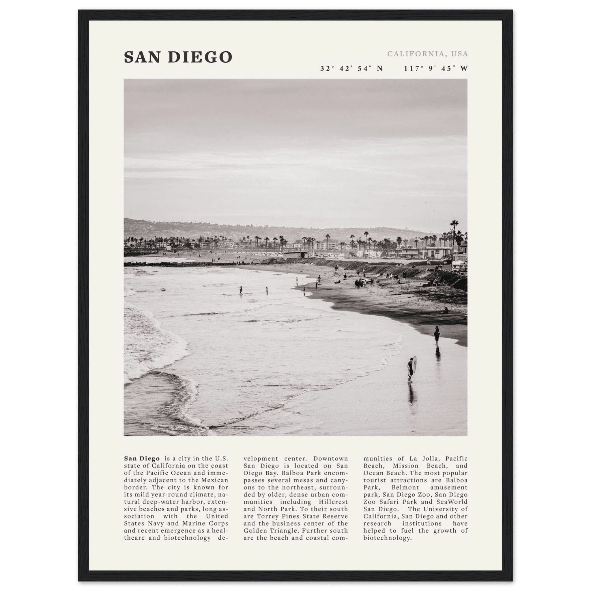 San Diego Poster | Black & White California Beach Wall Art | Coastal Travel Print Decor - Evergreen Posters