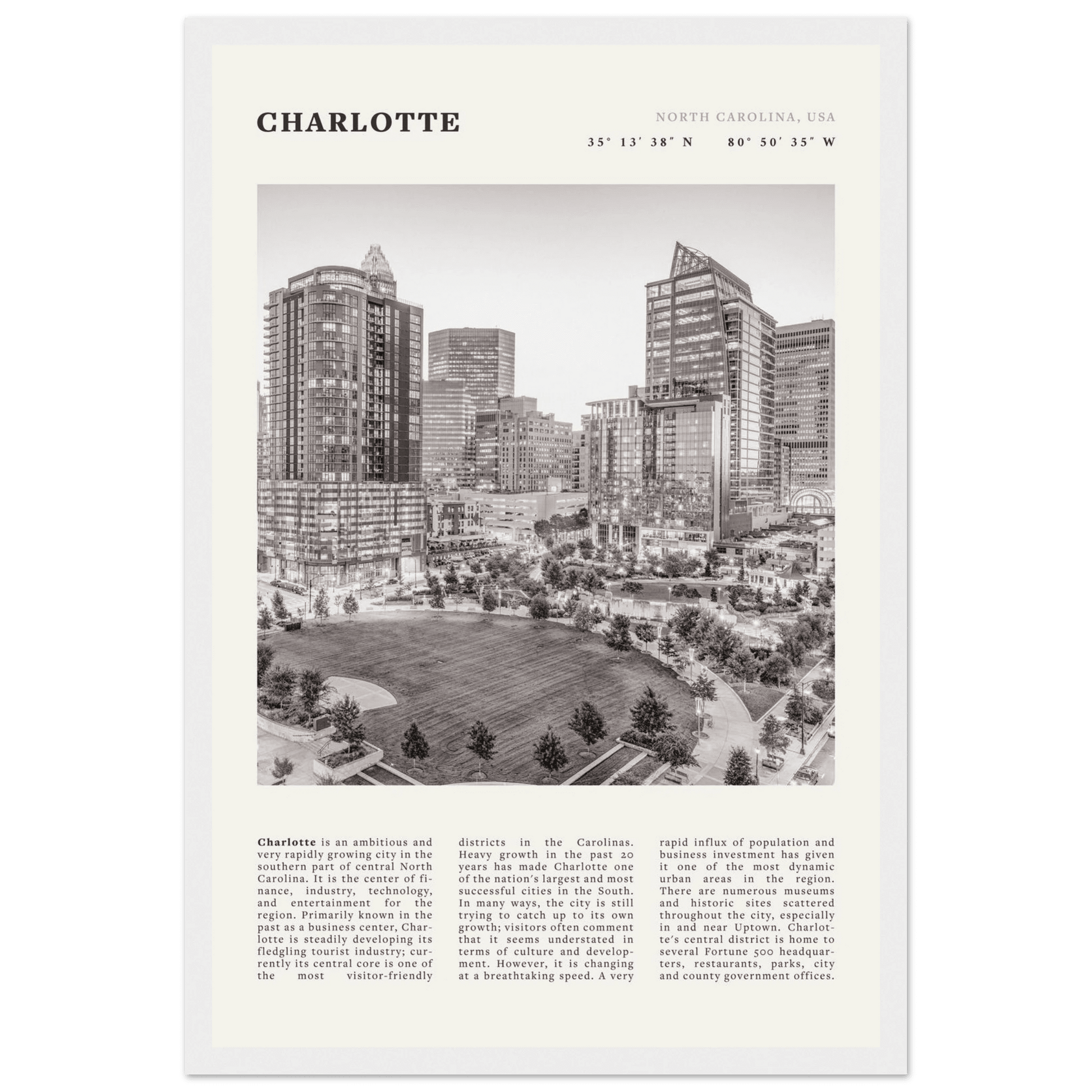 Charlotte Poster | Black & White North Carolina Skyline Wall Art | NC Travel Print - Evergreen Posters