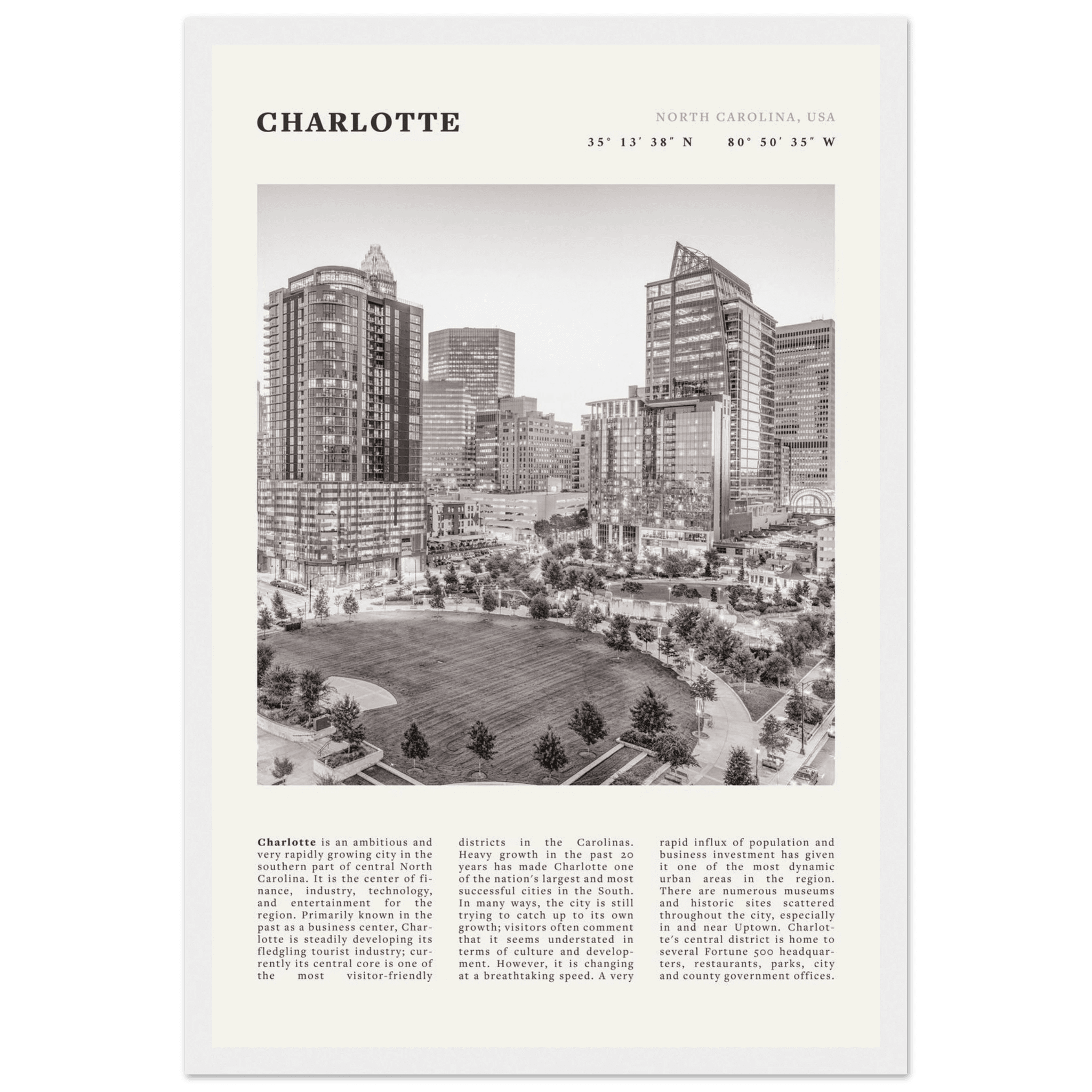 Charlotte Poster | Black & White North Carolina Skyline Wall Art | NC Travel Print - Evergreen Posters