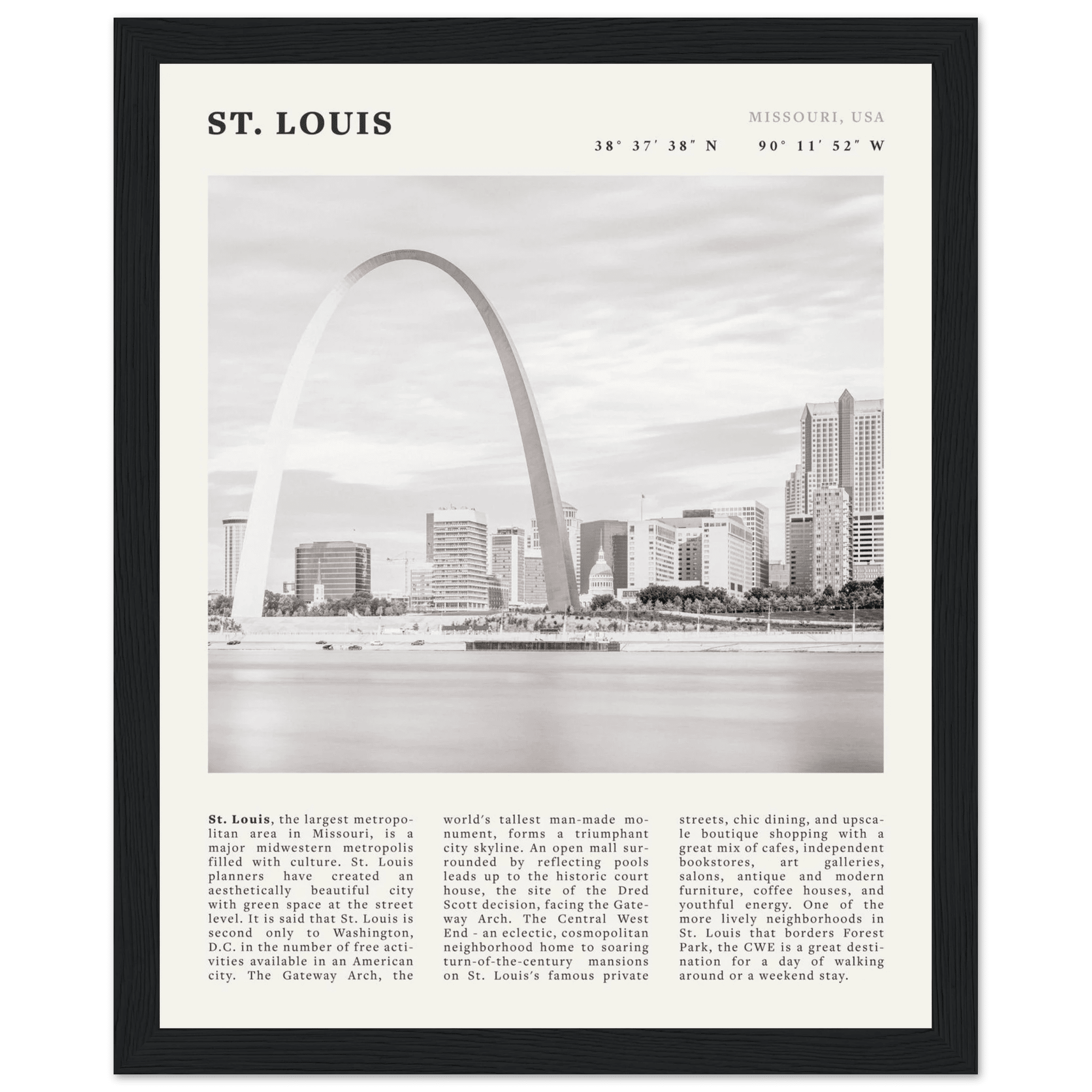 St. Louis Poster | Black & White Gateway Arch Wall Art | Missouri Travel Print - Evergreen Posters
