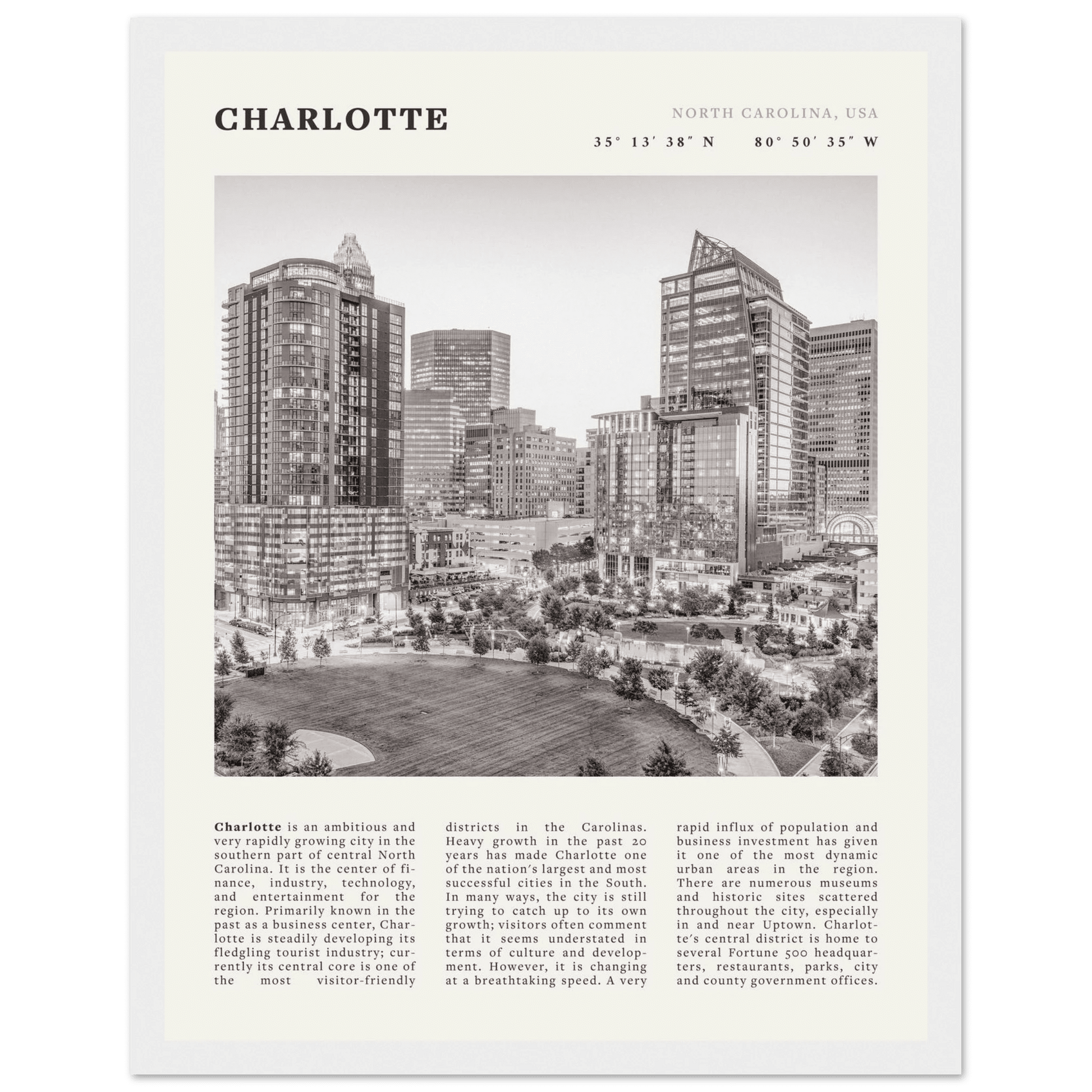 Charlotte Poster | Black & White North Carolina Skyline Wall Art | NC Travel Print - Evergreen Posters