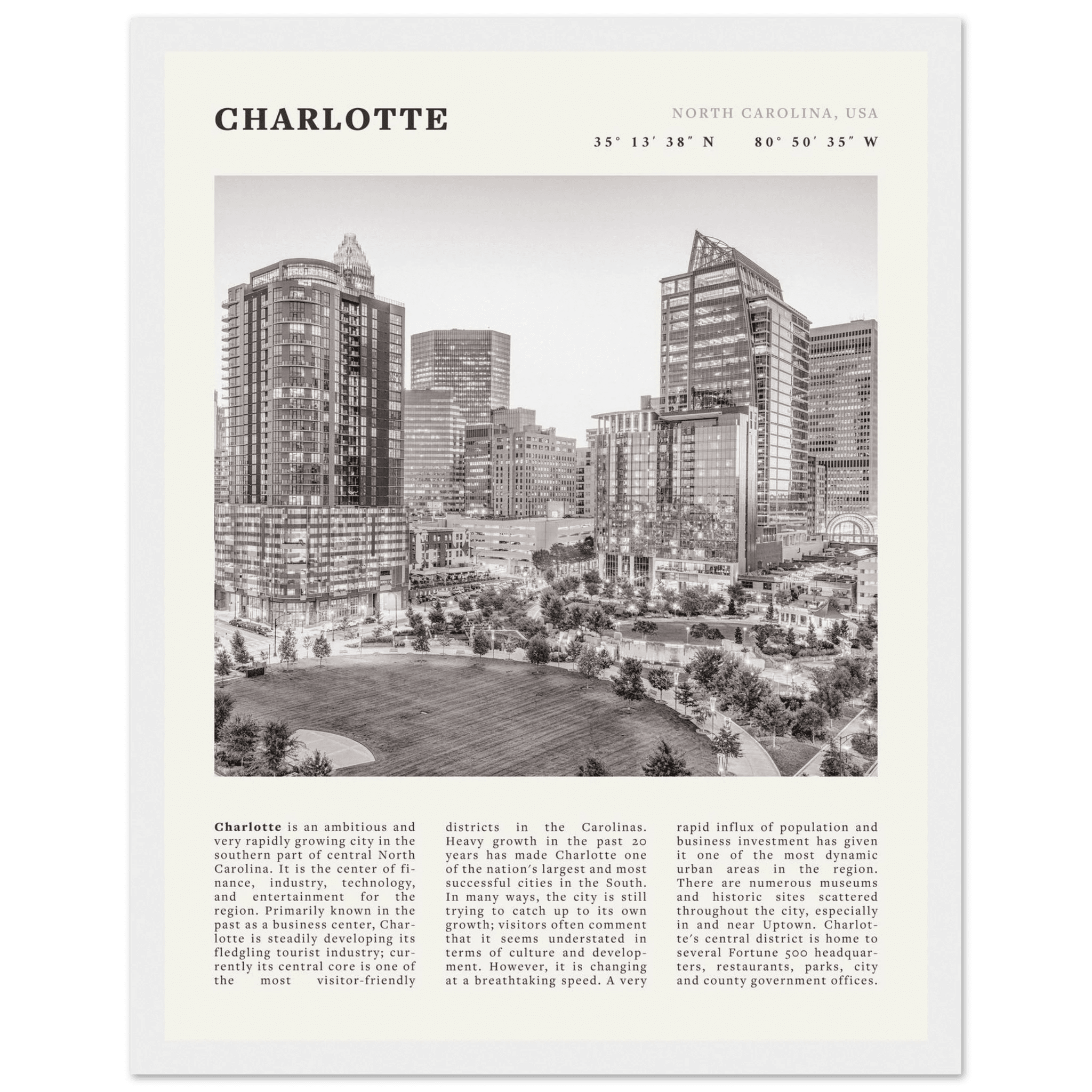 Charlotte Poster | Black & White North Carolina Skyline Wall Art | NC Travel Print - Evergreen Posters