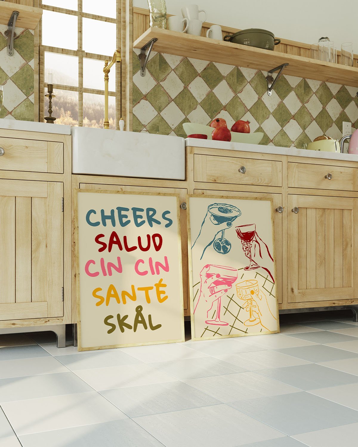Cheers Salud Cin Cin Santé Skål | Set of 2 Colorful Bar Wall Art Prints | Kitchen Poster Set - Evergreen Posters