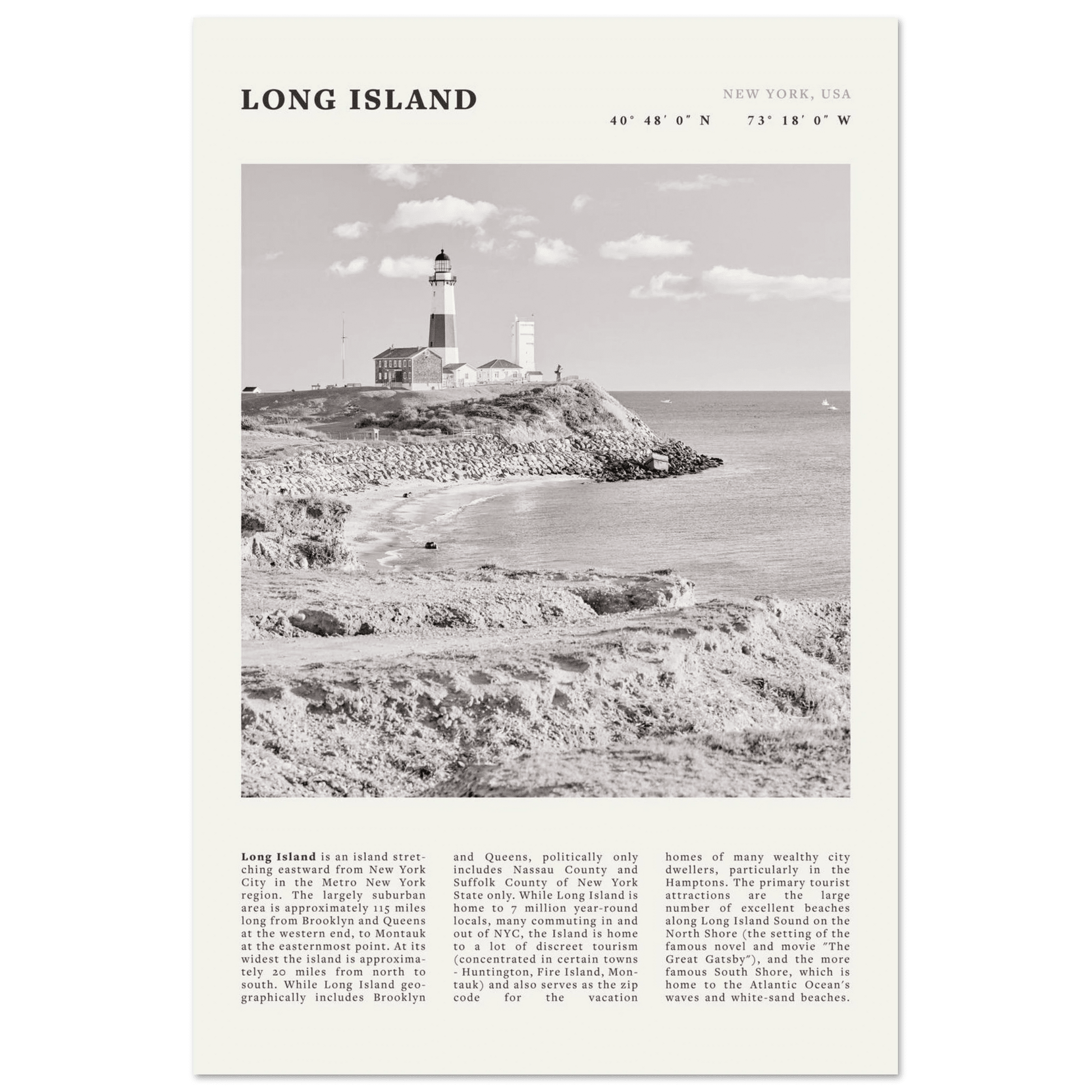 Long Island Poster | Black & White Montauk Lighthouse Wall Art | New York Print - Evergreen Posters