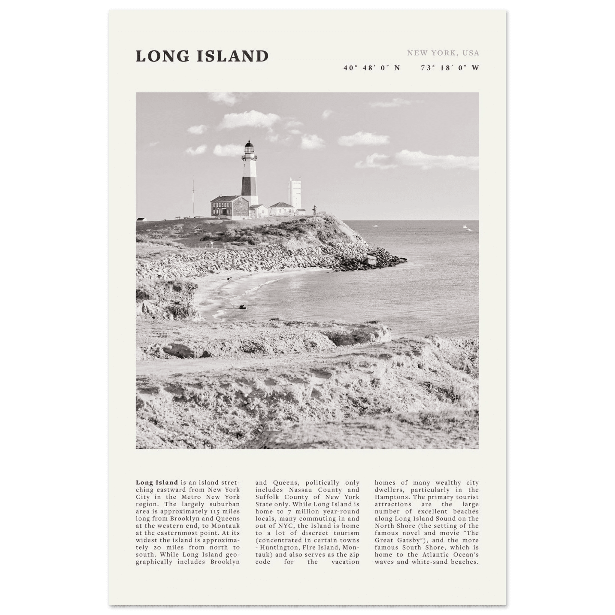 Long Island Poster | Black & White Montauk Lighthouse Wall Art | New York Print - Evergreen Posters