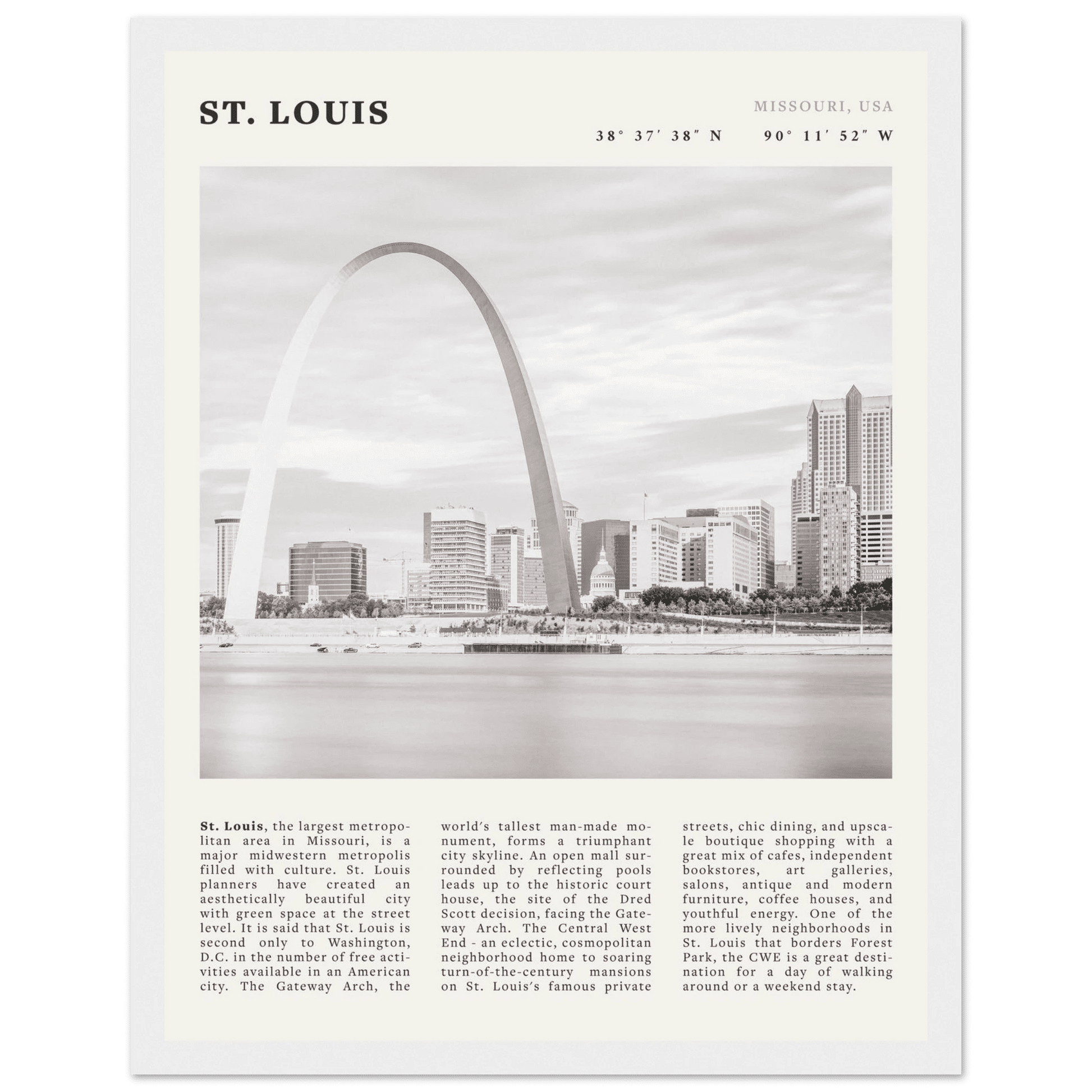 St. Louis Poster | Black & White Gateway Arch Wall Art | Missouri Travel Print - Evergreen Posters