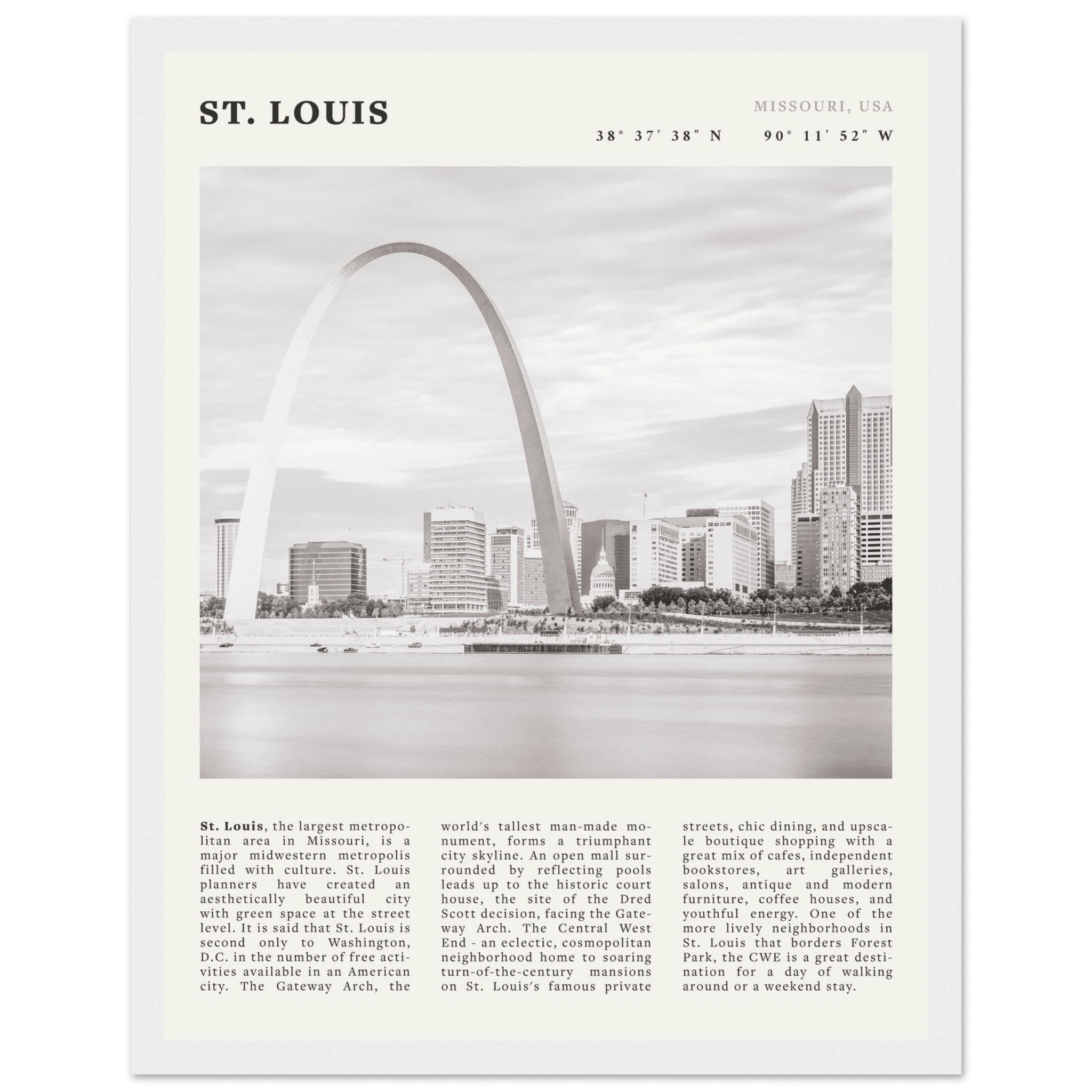 St. Louis Poster | Black & White Gateway Arch Wall Art | Missouri Travel Print - Evergreen Posters