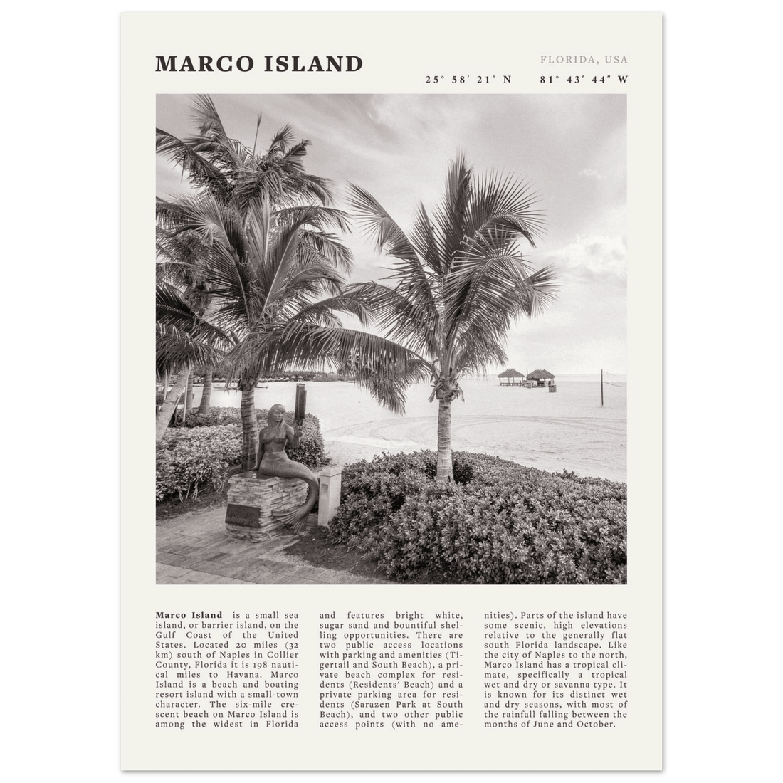 Marco Island Poster | Black & White Florida Beach Wall Art | Coastal Travel Print - Evergreen Posters