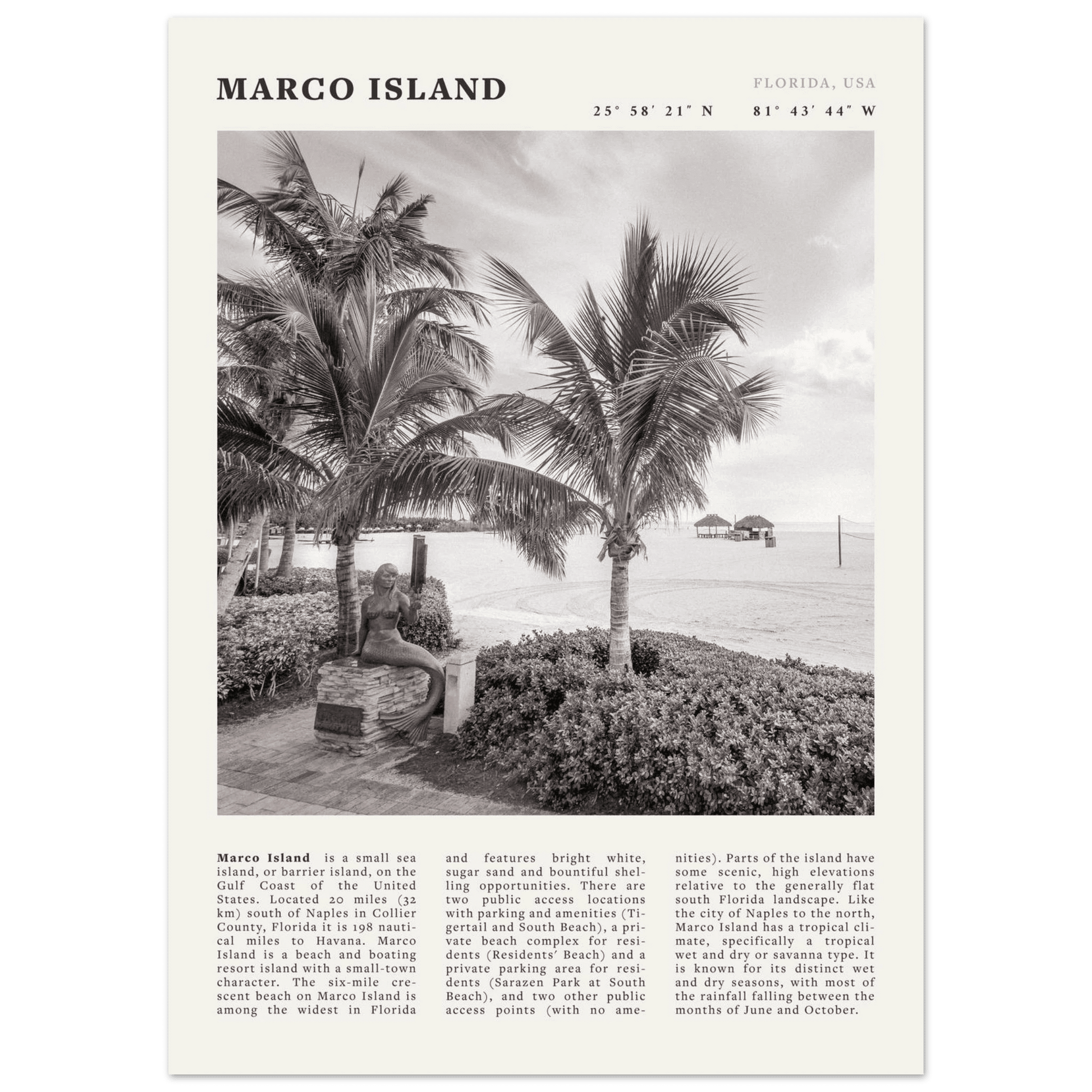 Marco Island Poster | Black & White Florida Beach Wall Art | Coastal Travel Print - Evergreen Posters