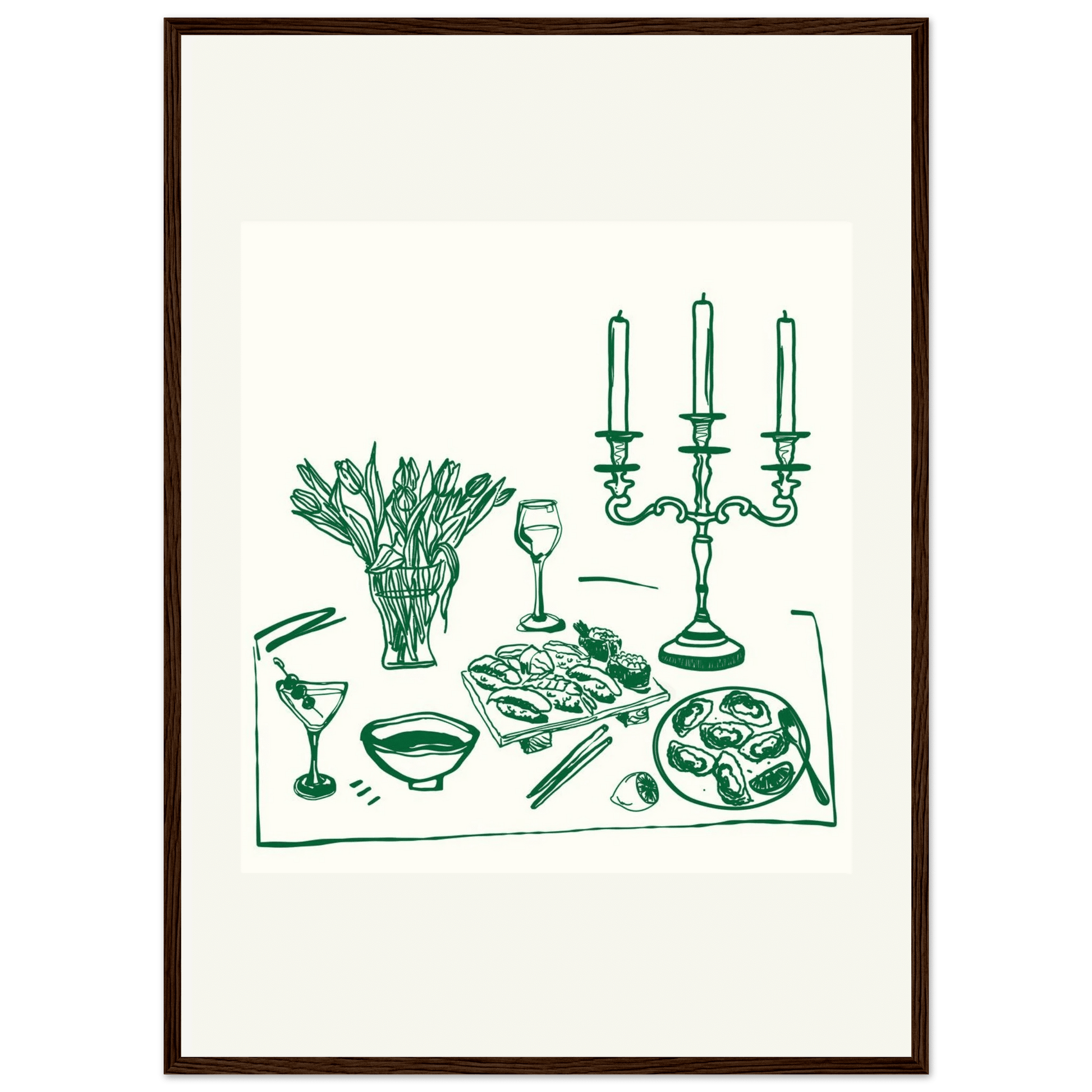 Fine Dining Table Print | Green Line Art Kitchen Wall Art | Elegant Dining Room Poster - Evergreen Posters