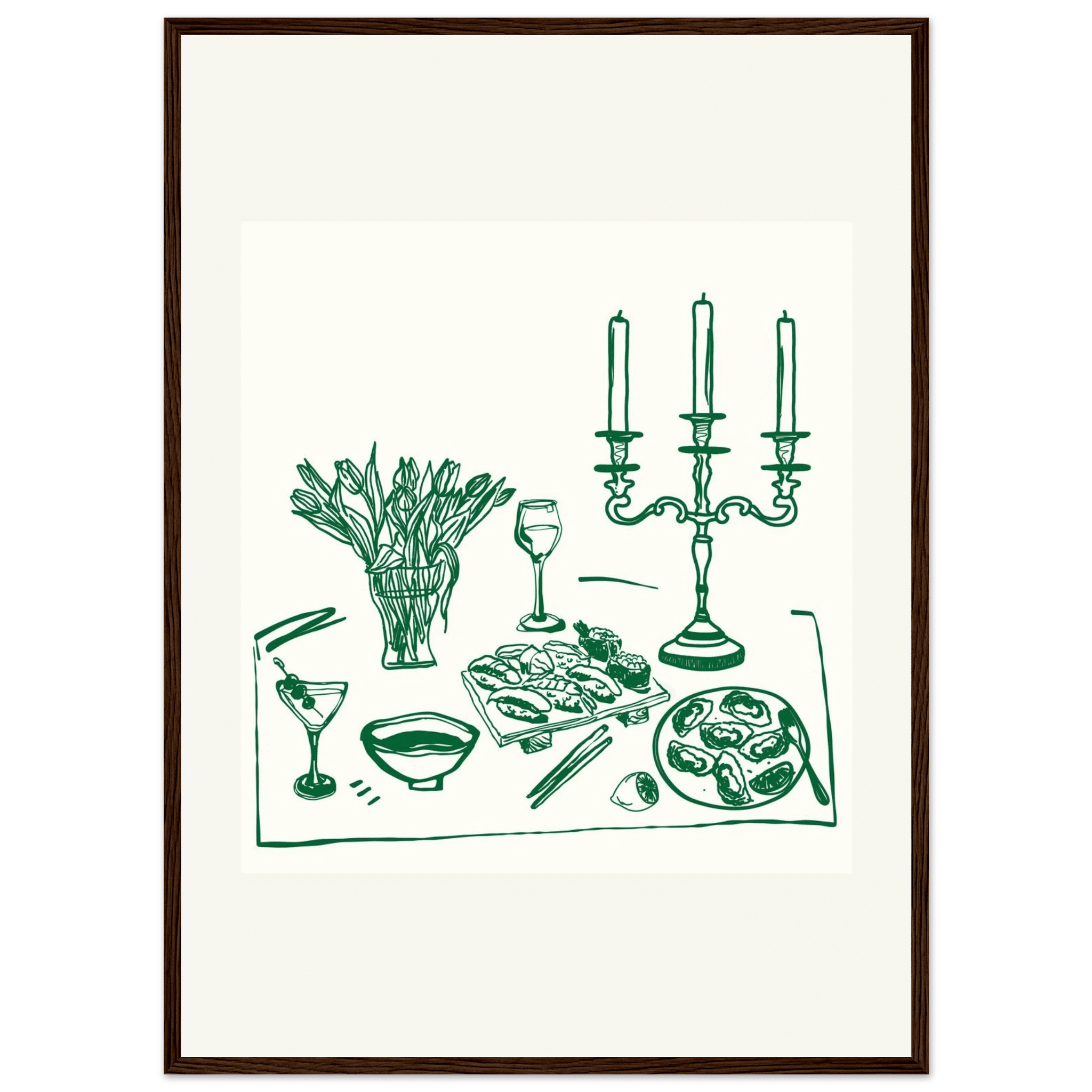 Fine Dining Table Print | Green Line Art Kitchen Wall Art | Elegant Dining Room Poster - Evergreen Posters