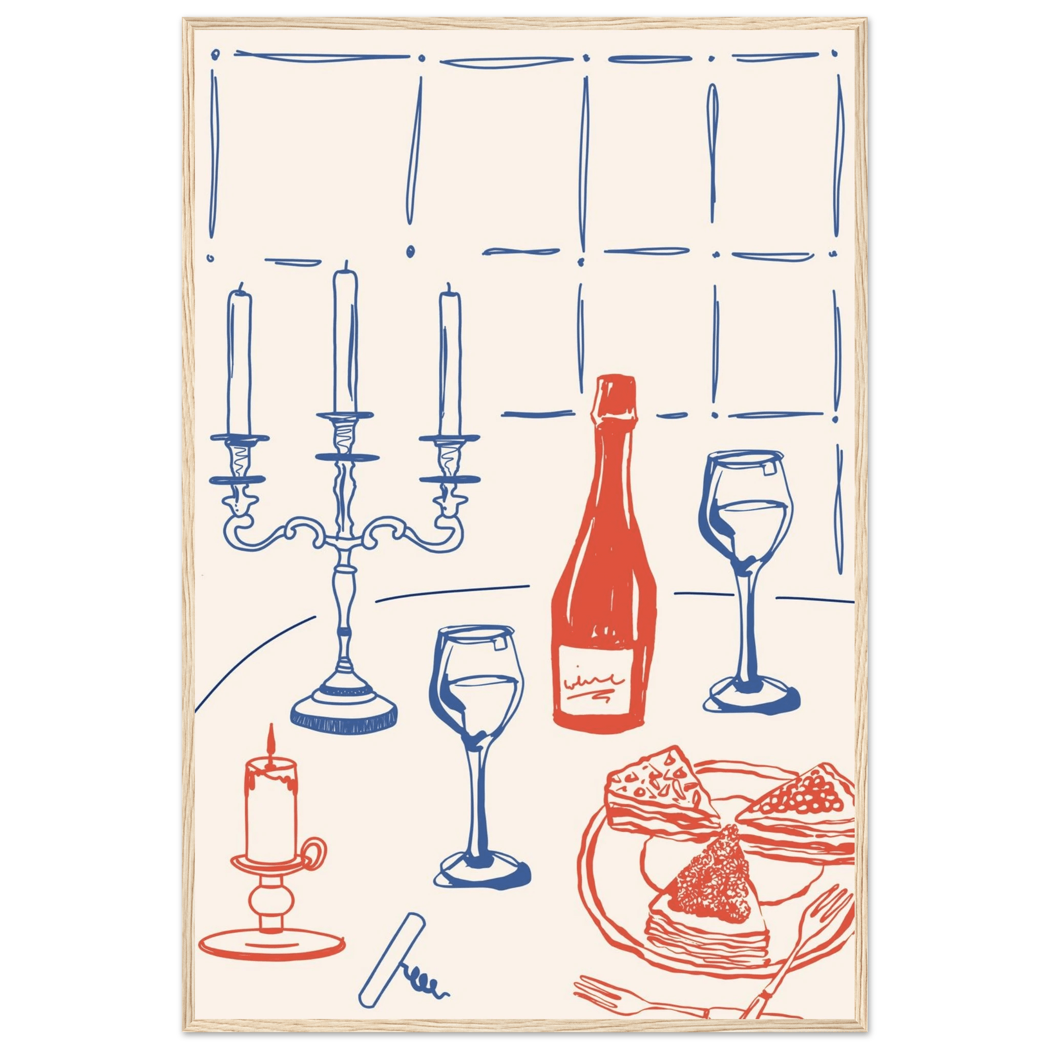 Candlelight Dinner Print | Wine & Candelabra Line Art Wall Art | Kitchen Poster - Evergreen Posters