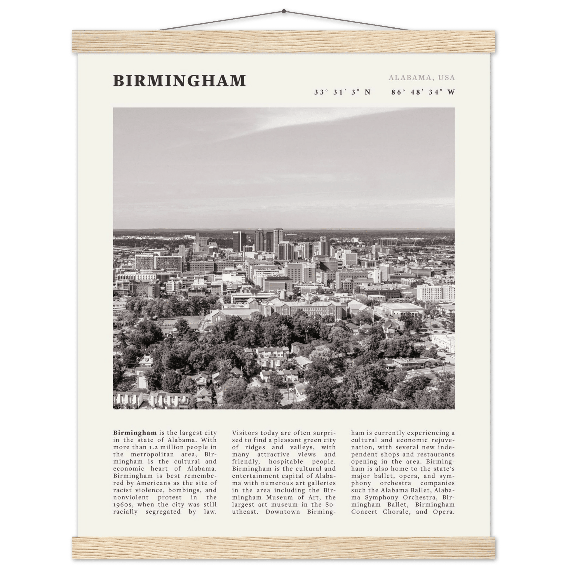 Birmingham Poster | Black & White Alabama Skyline Wall Art | AL Travel Print - Evergreen Posters