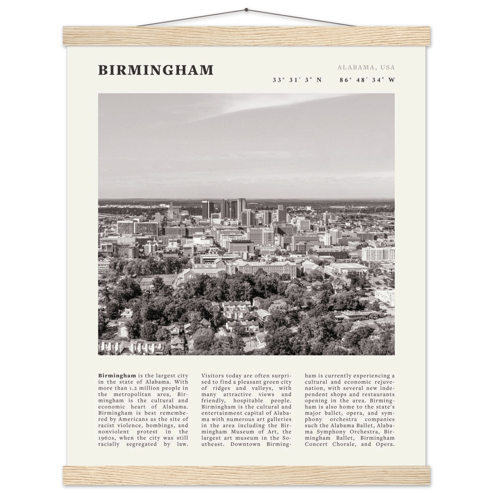 Birmingham Poster | Black & White Alabama Skyline Wall Art | AL Travel Print - Evergreen Posters