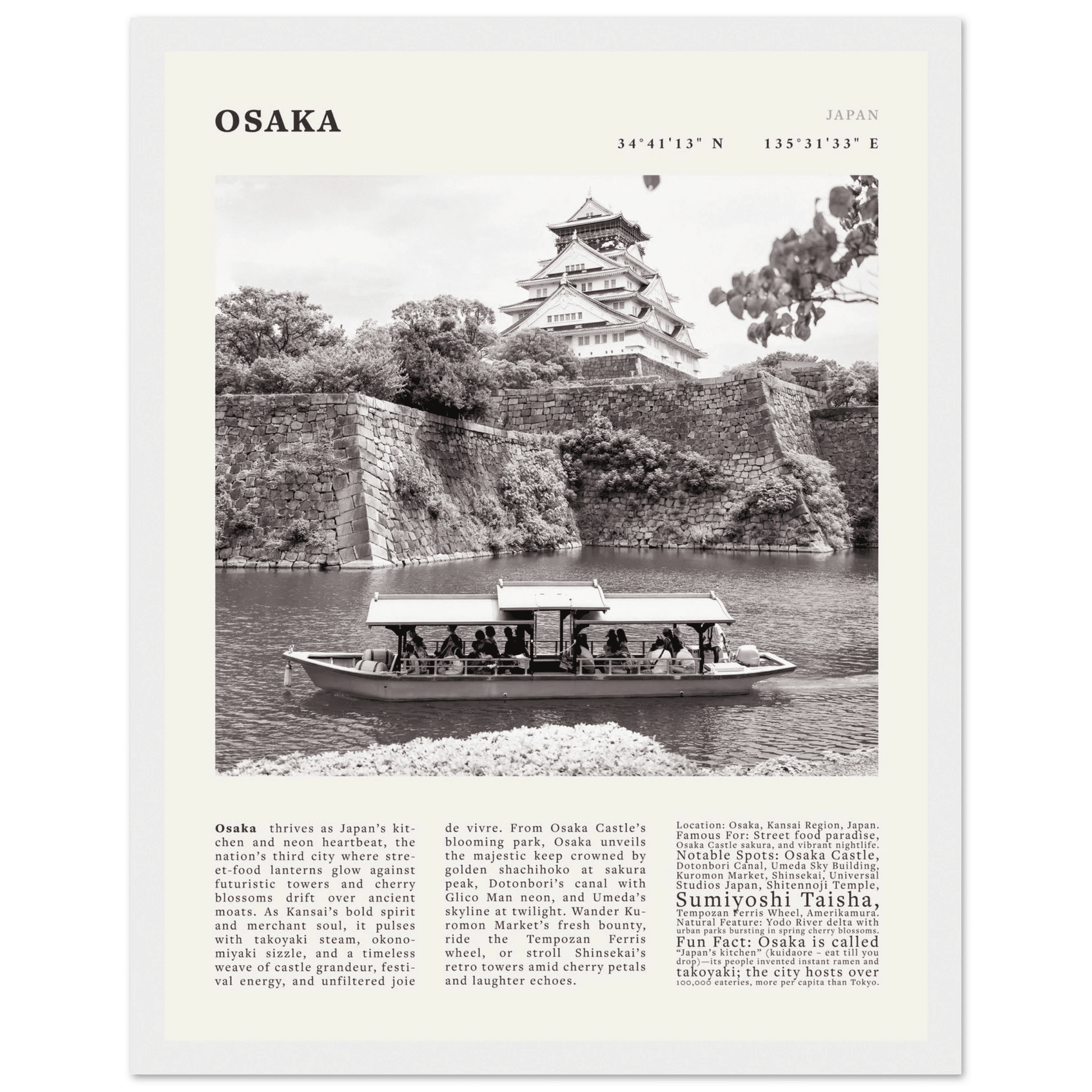 Osaka Poster Black and White – Vintage Osaka Castle Cherry Blossom Print (Digital & Printed Options) - Evergreen Posters