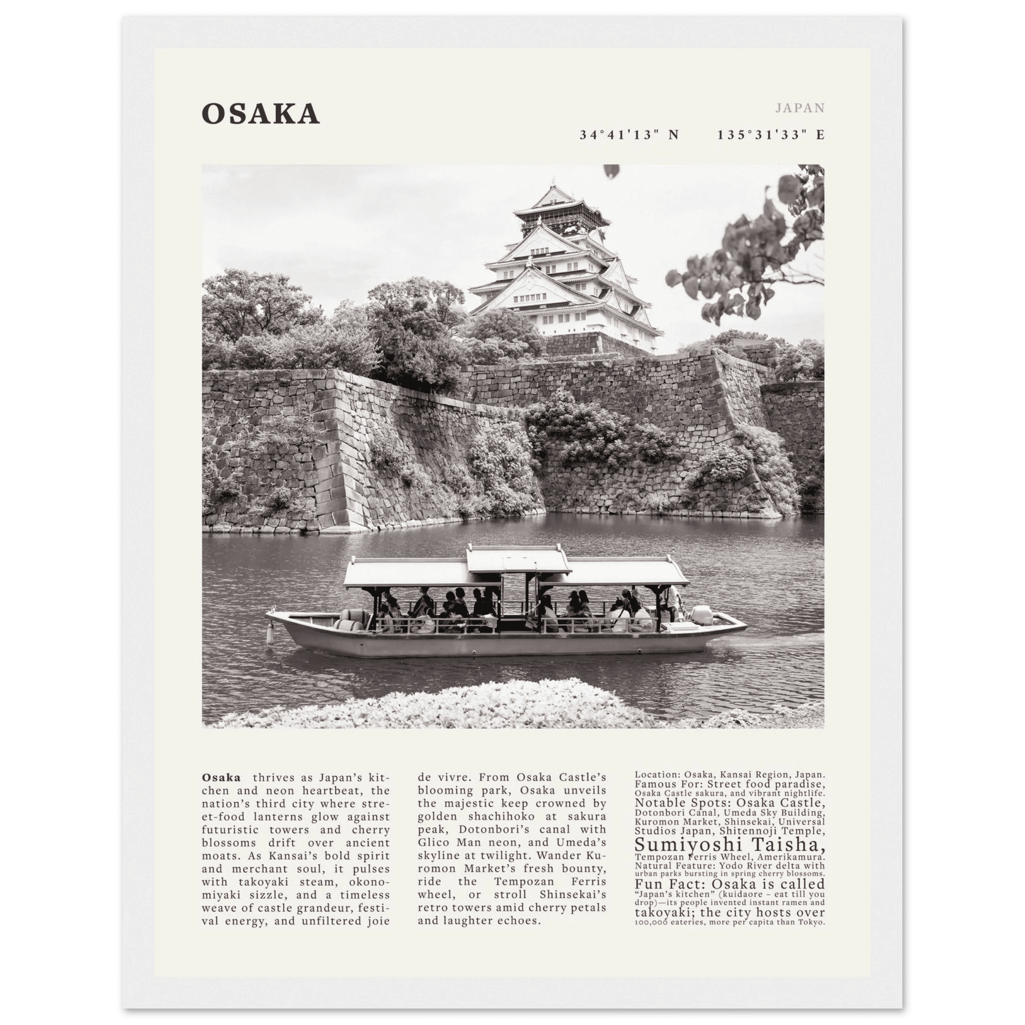 Osaka Poster Black and White – Vintage Osaka Castle Cherry Blossom Print (Digital & Printed Options) - Evergreen Posters