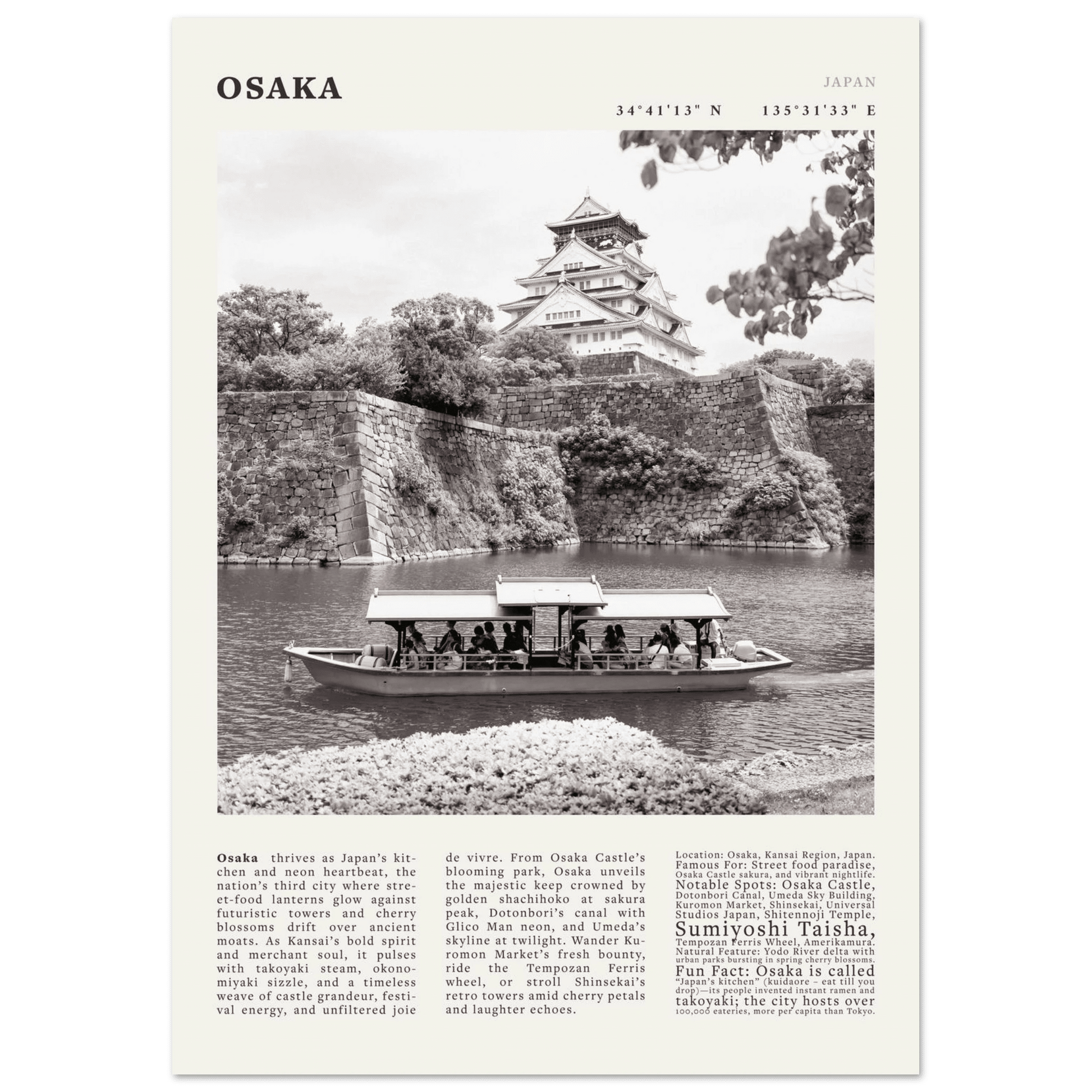 Osaka Poster Black and White – Vintage Osaka Castle Cherry Blossom Print (Digital & Printed Options) - Evergreen Posters