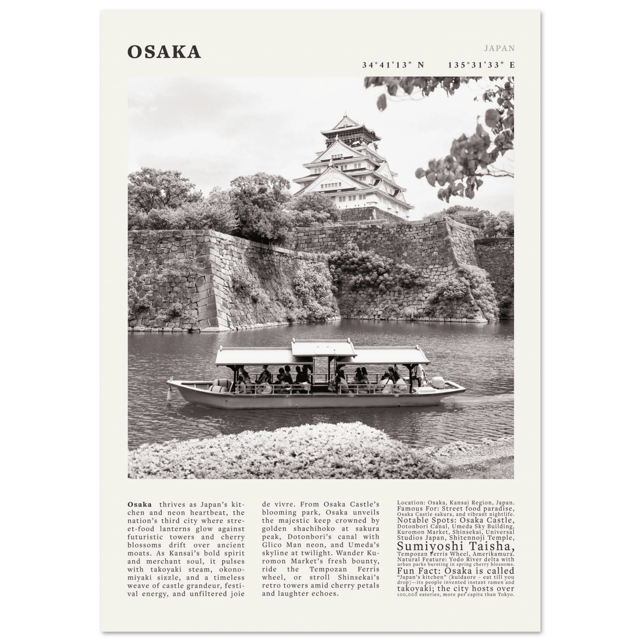 Osaka Poster Black and White – Vintage Osaka Castle Cherry Blossom Print (Digital & Printed Options) - Evergreen Posters