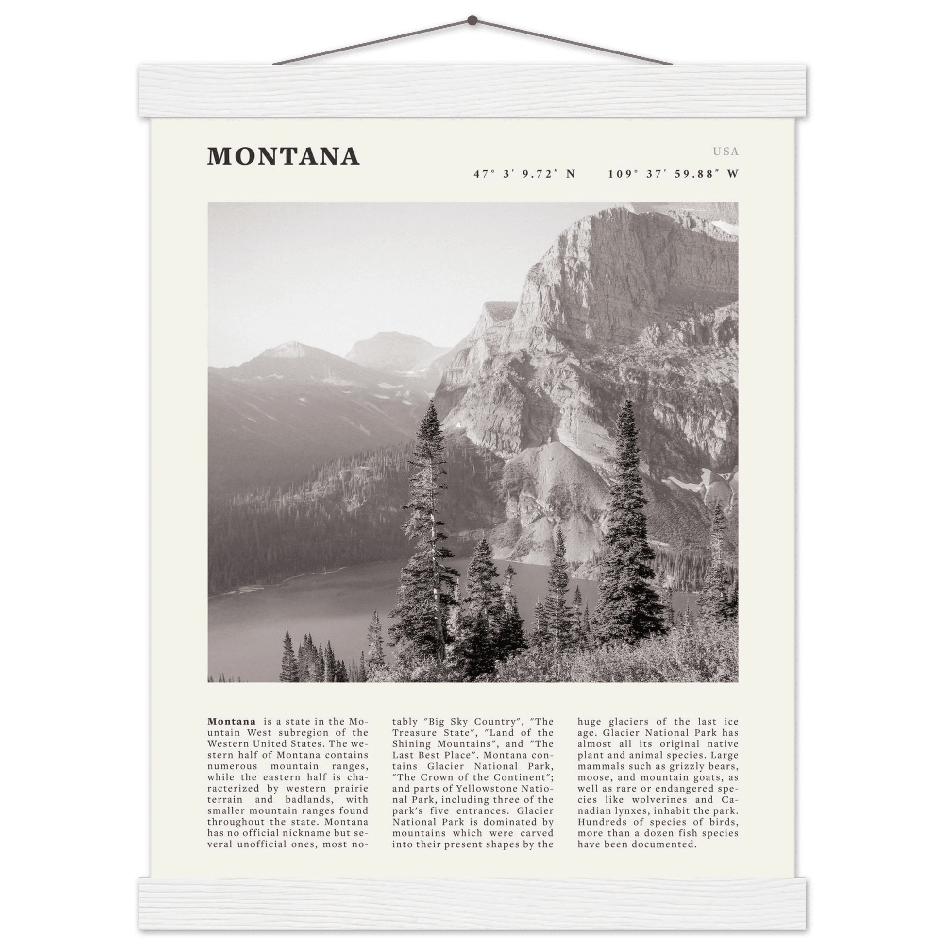 Montana Poster | Black & White Glacier National Park Wall Art | Nature Travel Print - Evergreen Posters