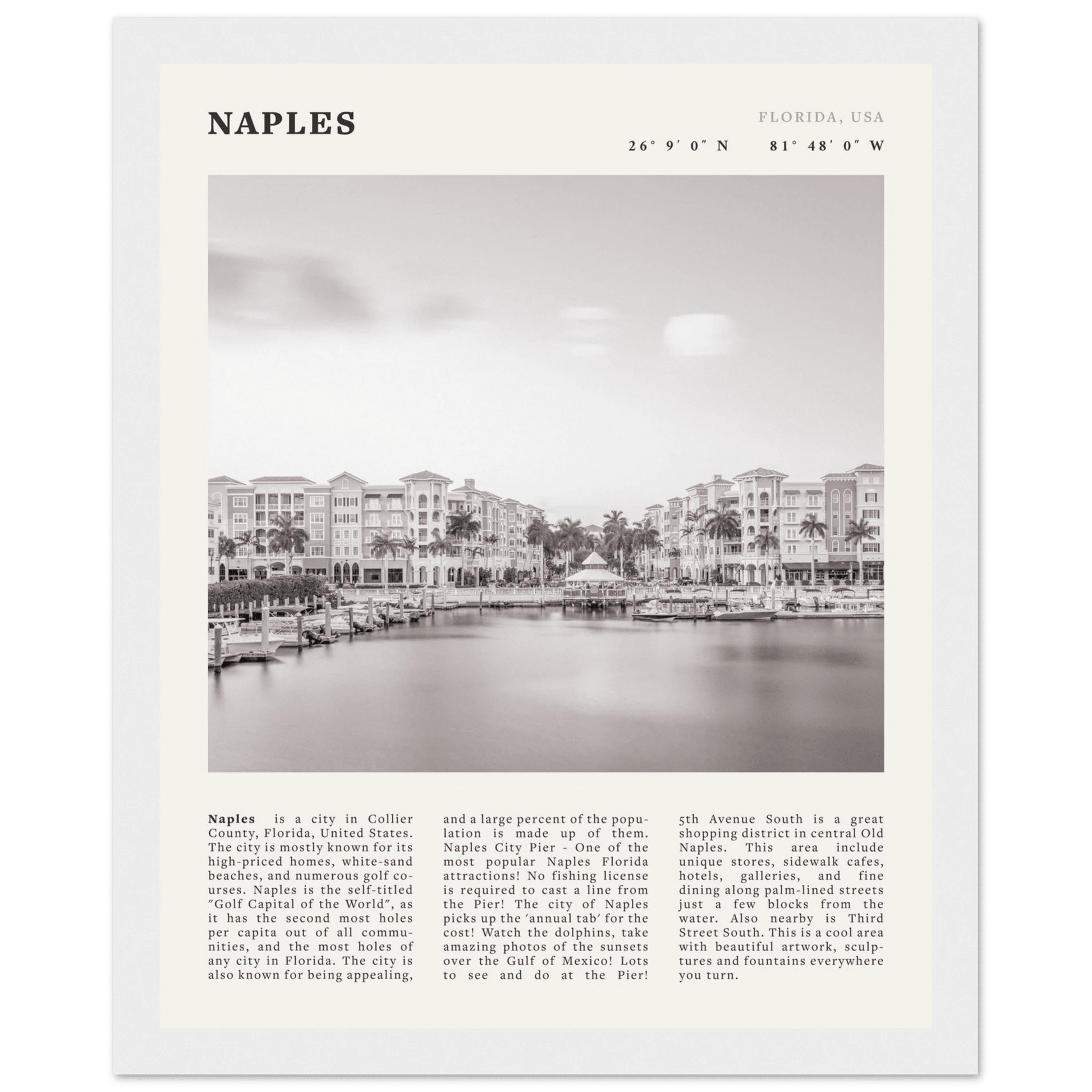 Naples Florida Poster | Black & White Gulf Coast Wall Art | FL Travel Print - Evergreen Posters
