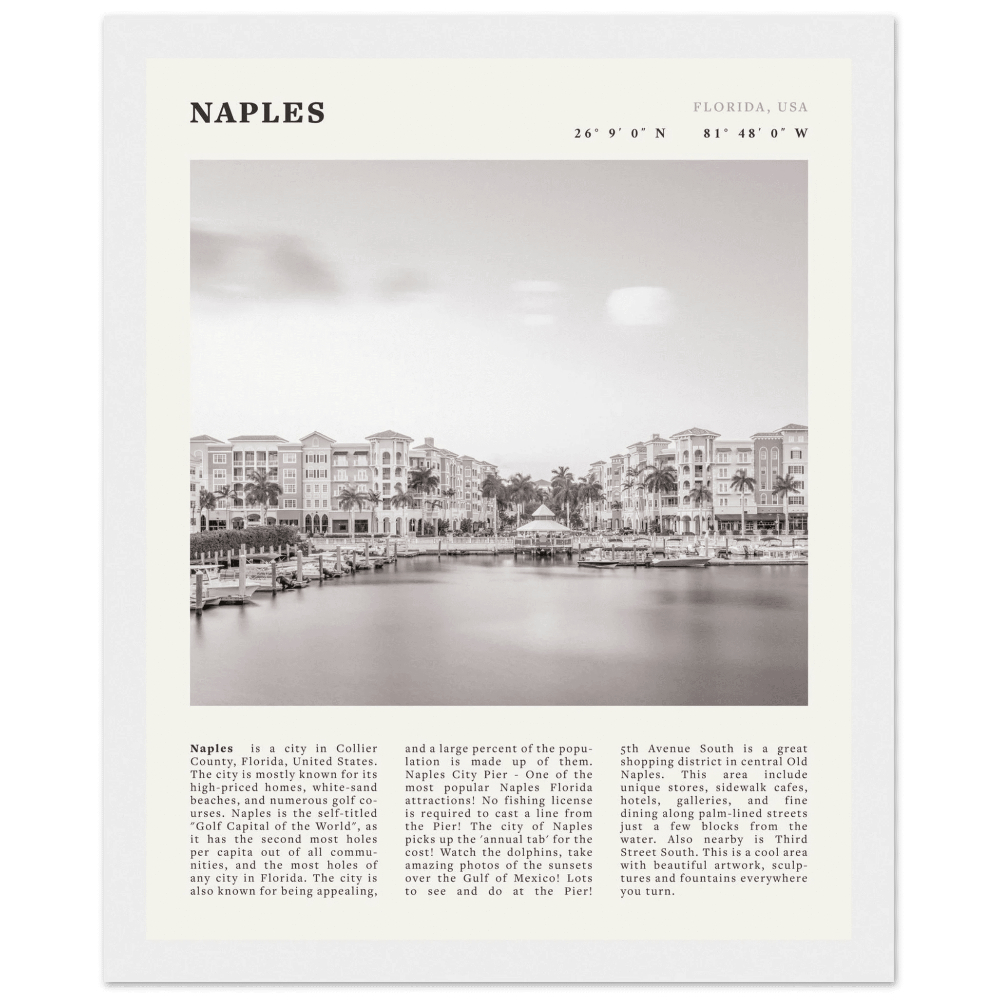 Naples Florida Poster | Black & White Gulf Coast Wall Art | FL Travel Print - Evergreen Posters