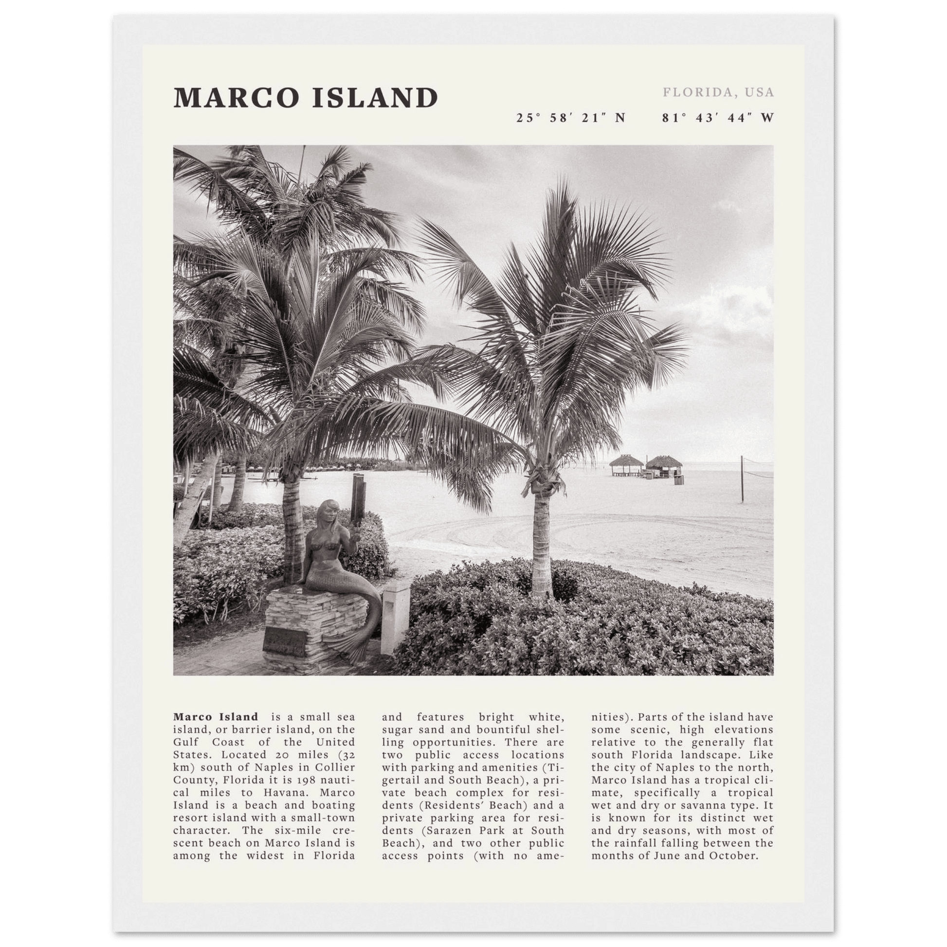 Marco Island Poster | Black & White Florida Beach Wall Art | Coastal Travel Print - Evergreen Posters